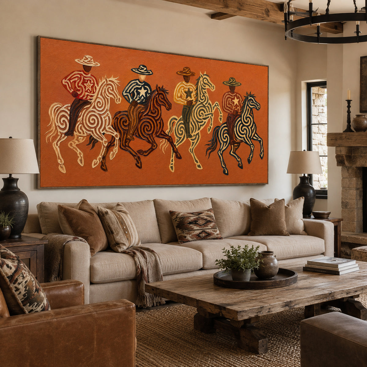 Panoramic Four Cowboy Riders Painting, Terracotta Western Horse Art, Southwestern Ranch Decor
