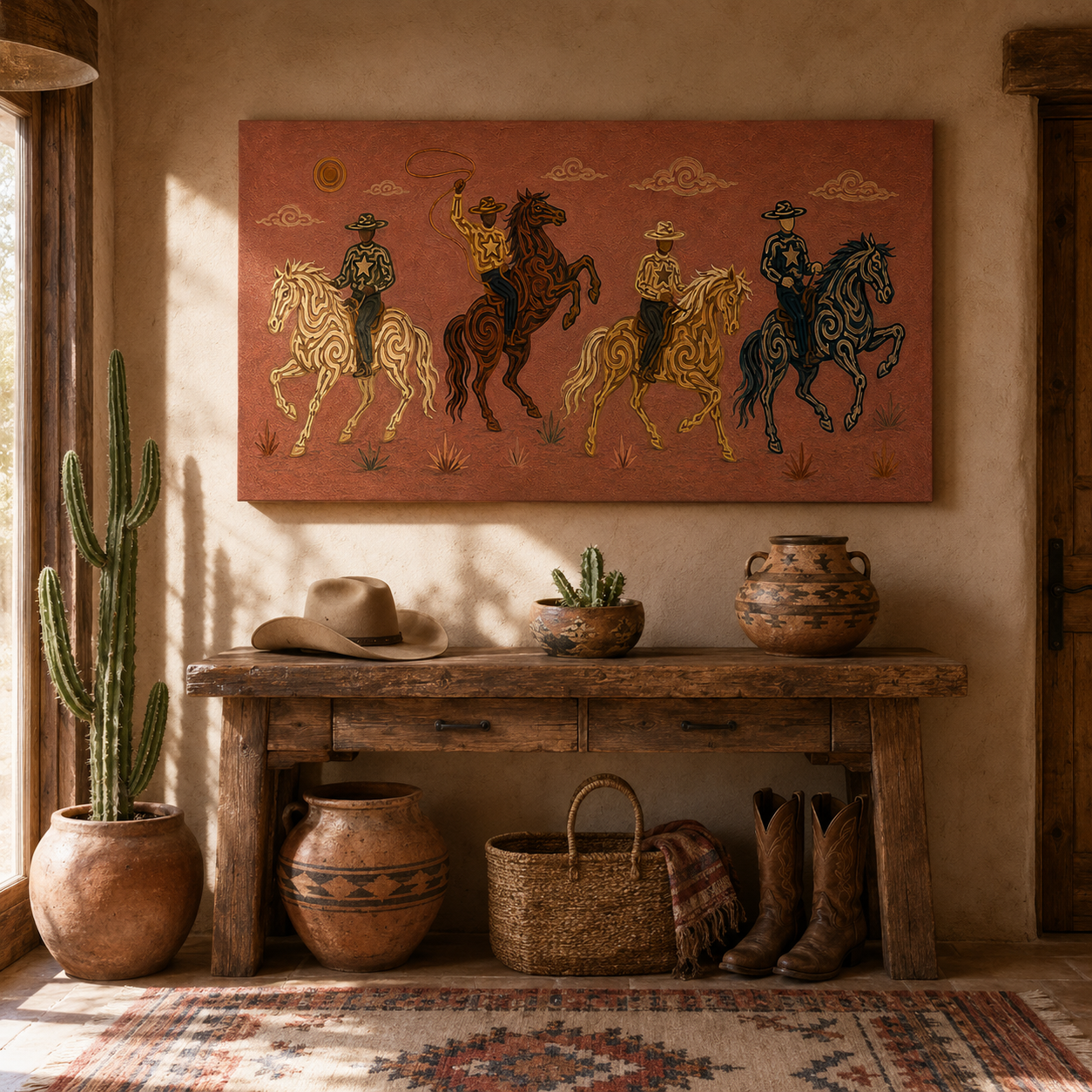 Panoramic Rodeo Cowboy Painting, Lasso Horse Riders, Southwestern Western Ranch Art