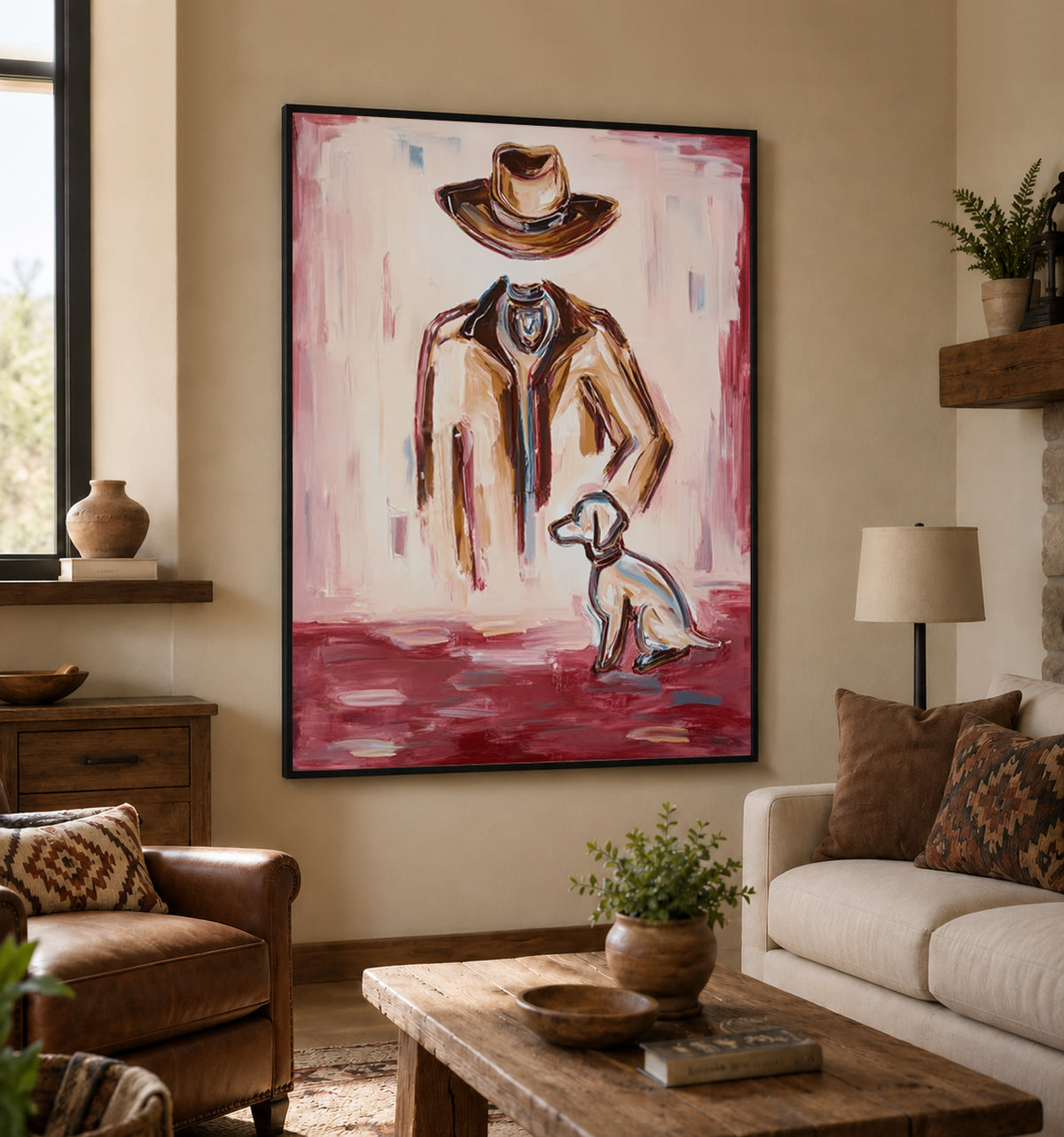 Pink Background Cowboy Art Modern Western Figurative Painting Original Canvas