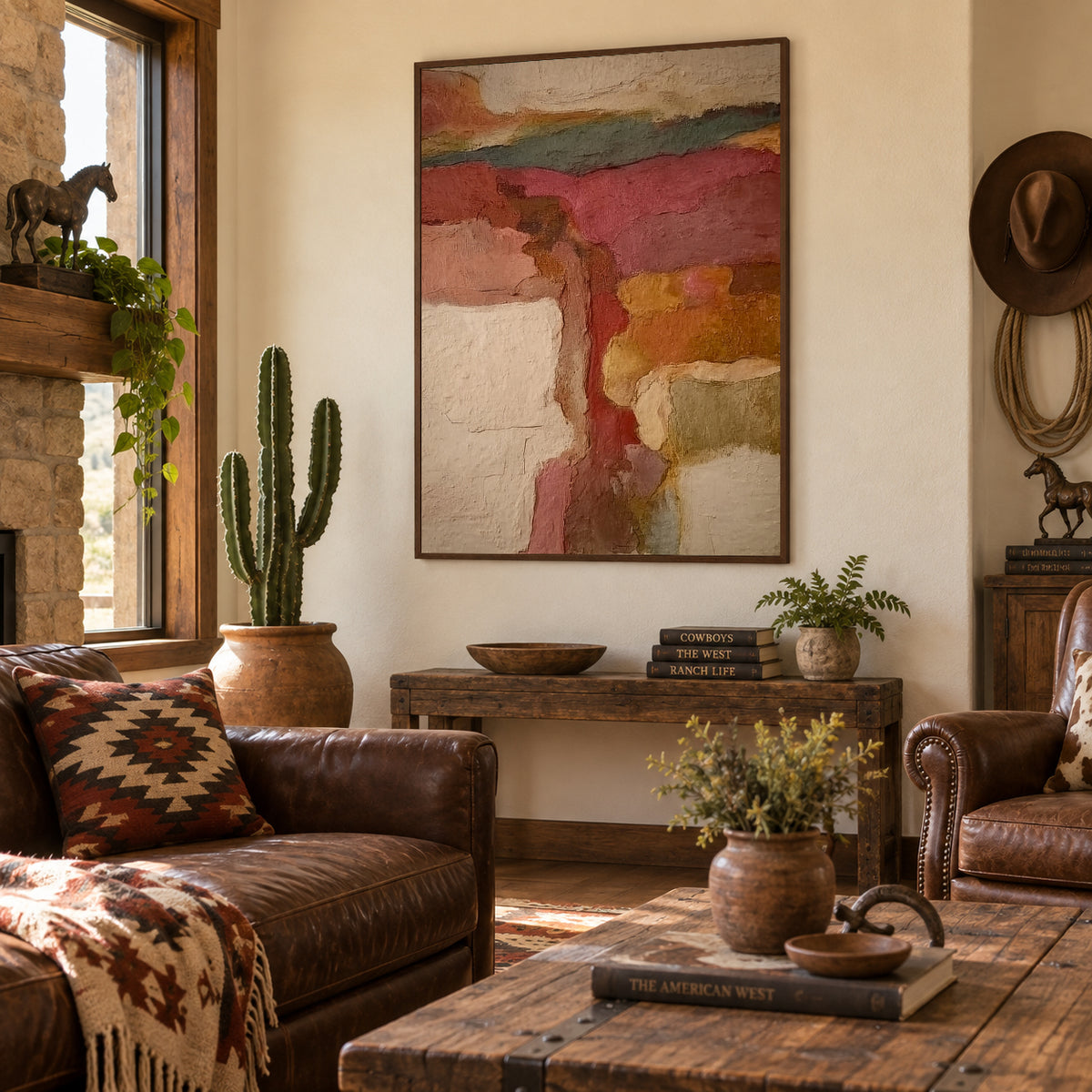 Abstract Earth Tone Canvas Painting With Textured Vintage Landscape Art