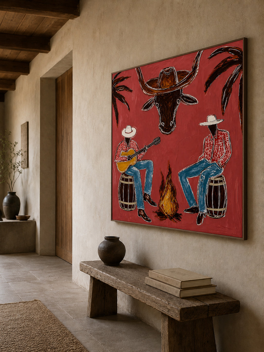 Cowboy And Longhorn Steer Canvas Painting With Campfire Scene Rustic Red Painting