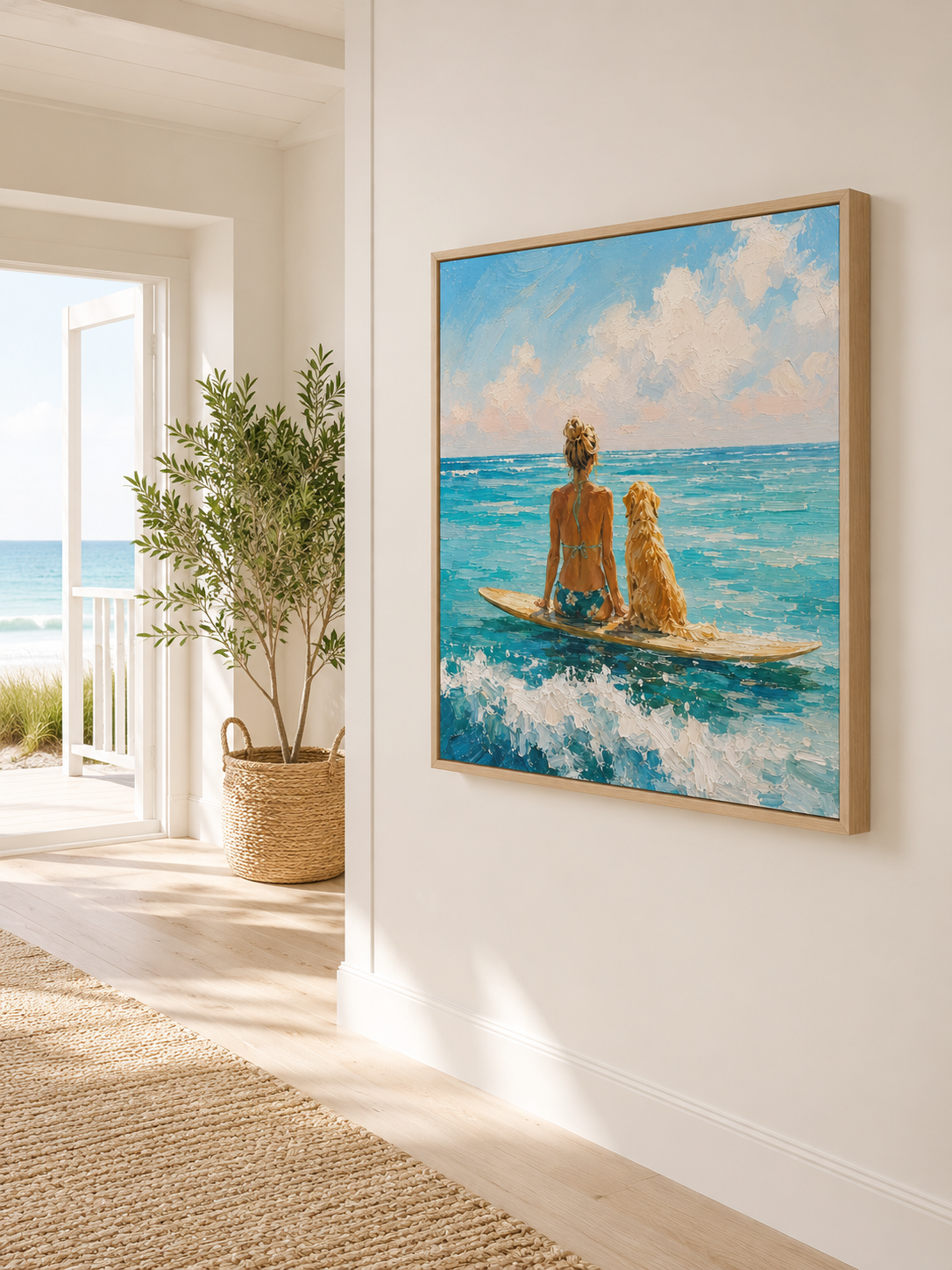 Summer Beach Surfboard Art Hand Painted Girl And Dog Ocean View Art For Beach House Living Room Decor