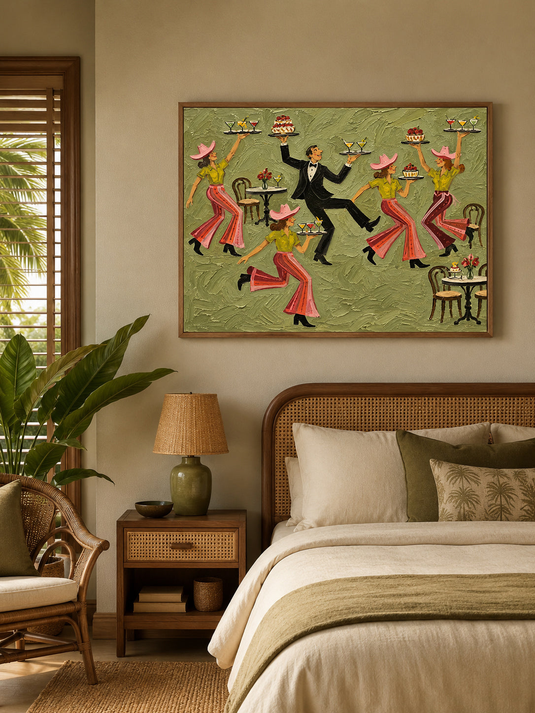 Sage Green Parisian Cafe Wall Art, French Bistro Waiter Painting Restaurant Dining Art