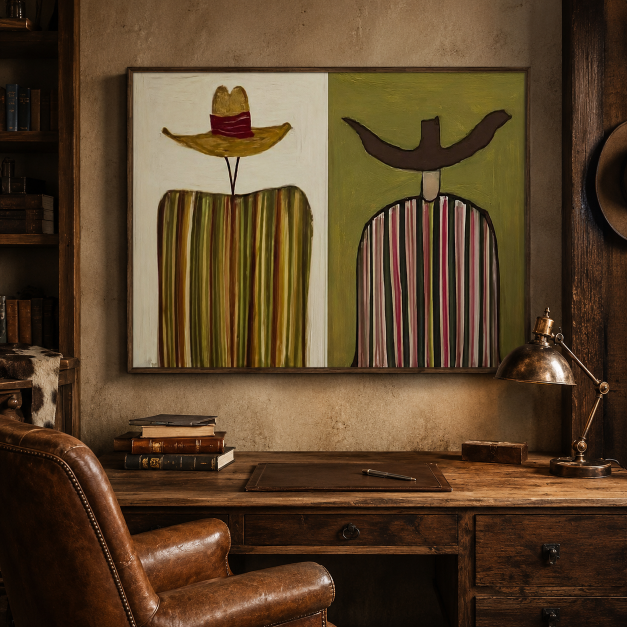 Rustic Figurative Art With Striped Men In Green And Brown For Living Room Decor