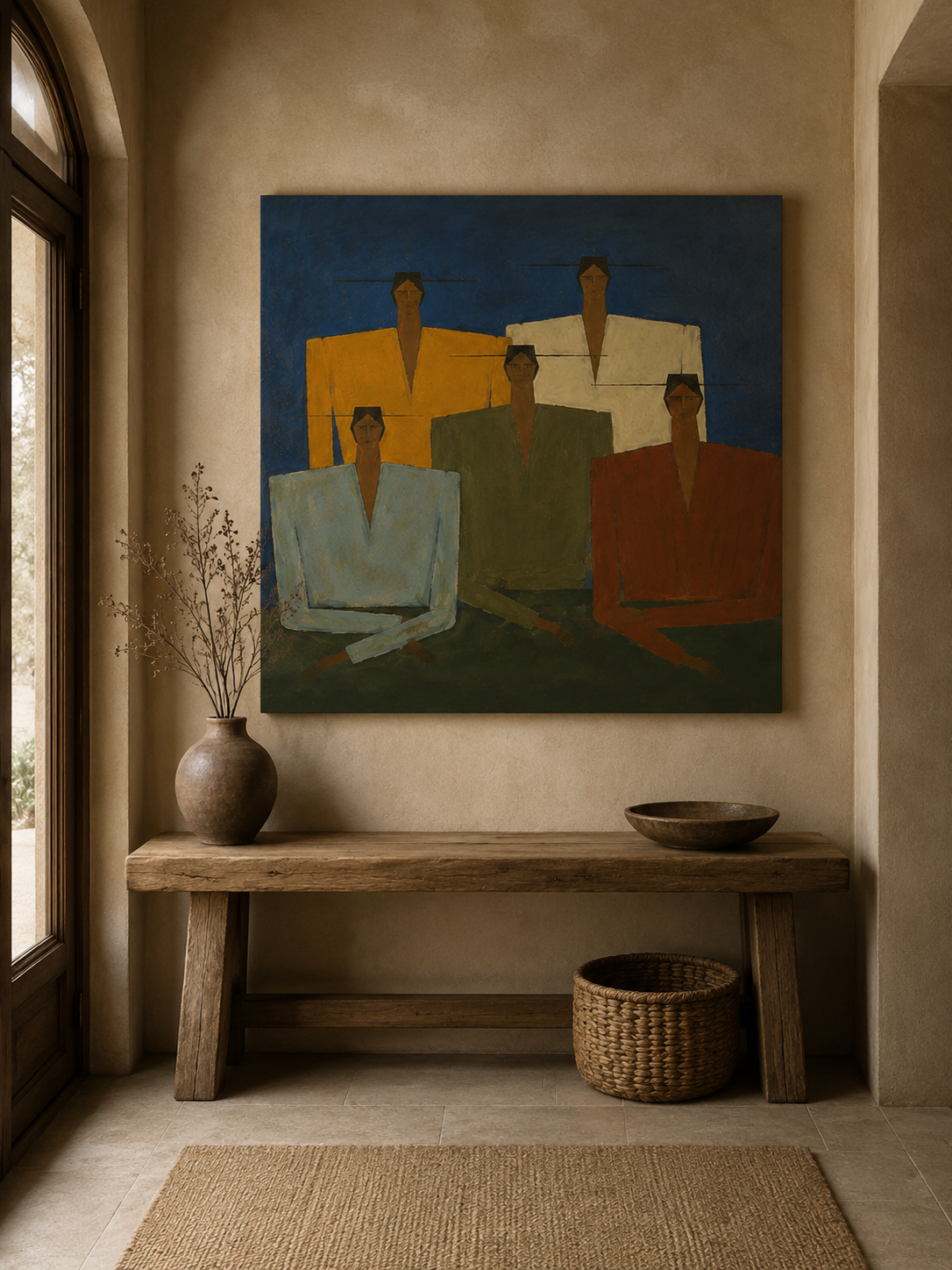 Wabi Sabi Figurative Art Painting With Geometric People In Blue Green Tones For Modern Living Room Decor