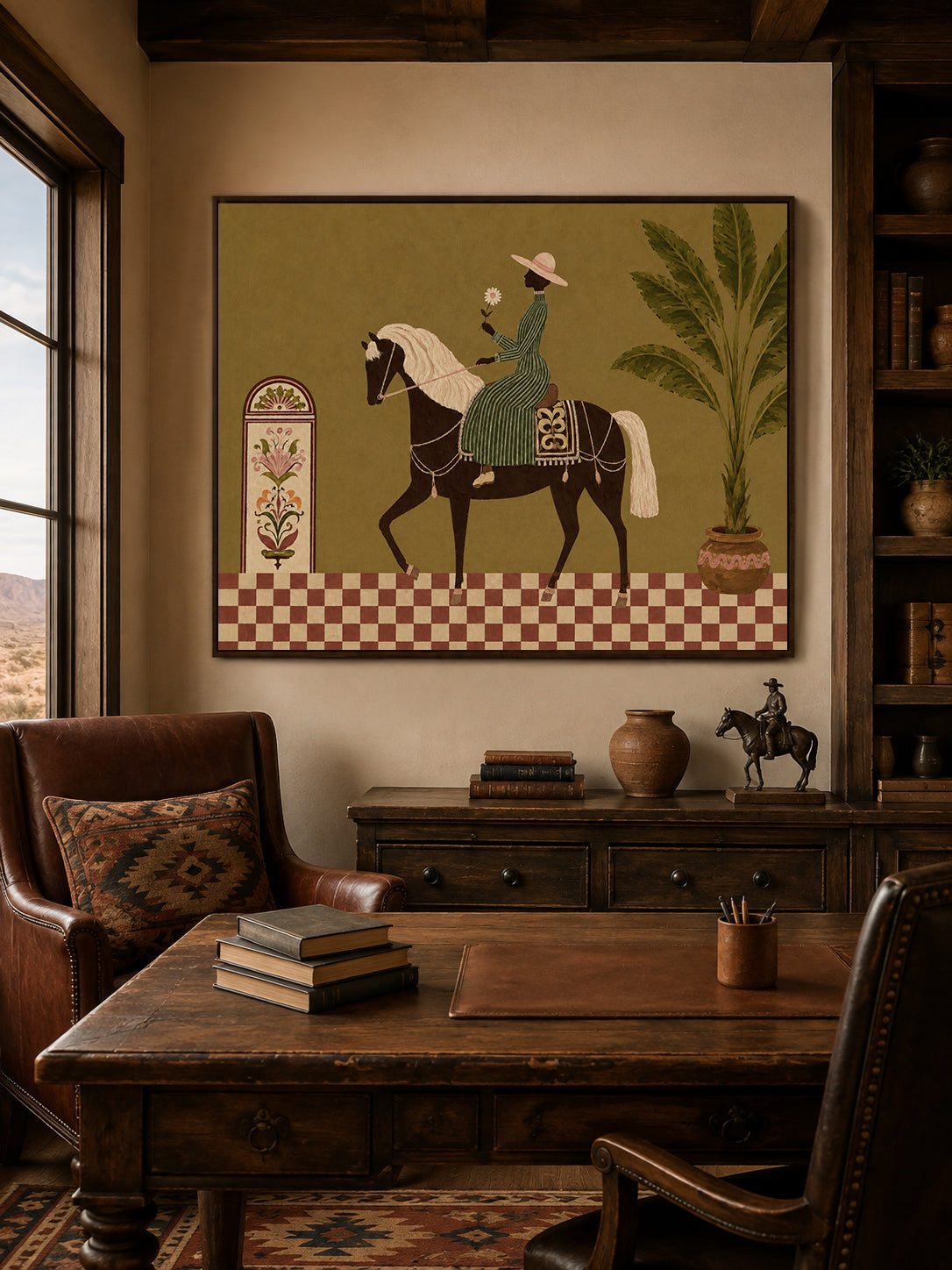 Tropical Equestrian Woman Painting, Vintage Resort Horse Art, Botanical Wall Decor