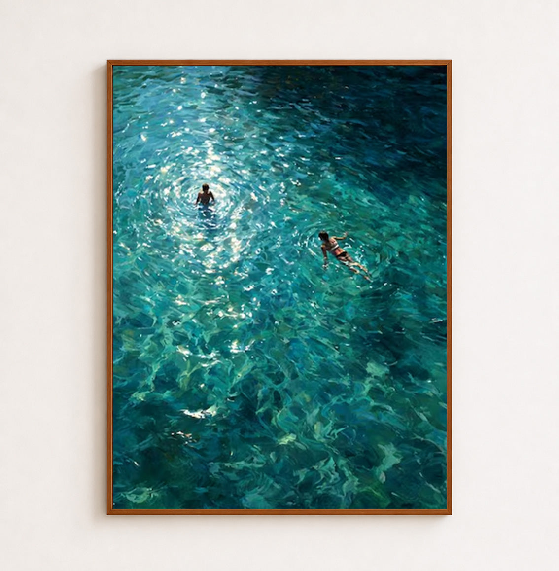 Turquoise Swimming Couple Painting For Summer Beach House Wall Decor Original Oil Art
