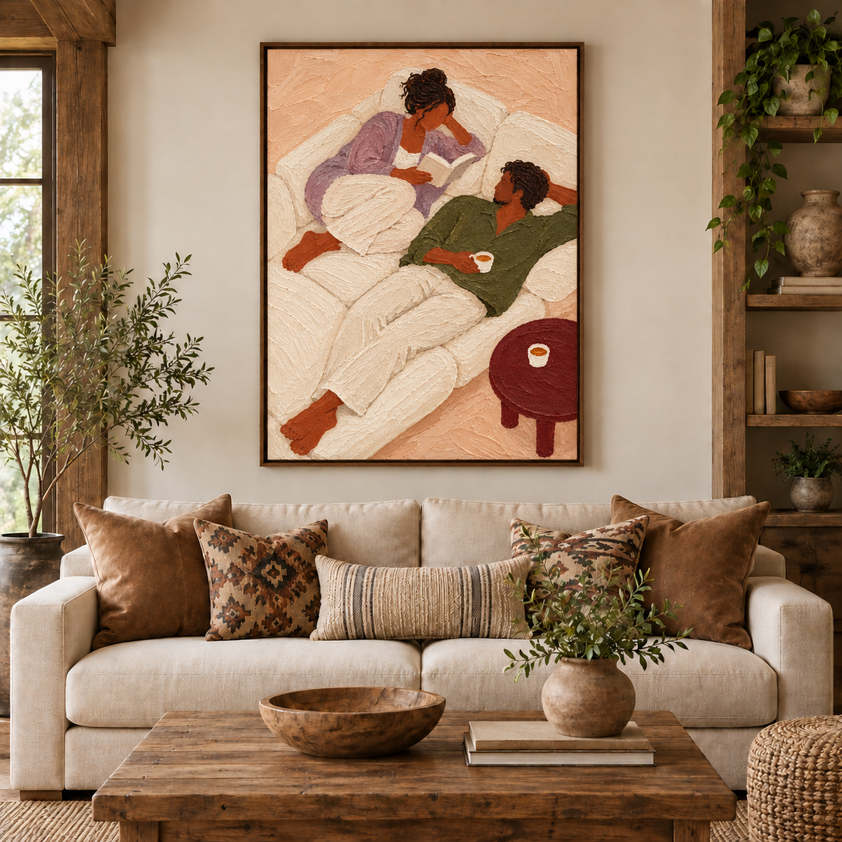 Cozy Couple Reading Painting Romantic Living Room Wall Art With Textured Couple Figure Painting