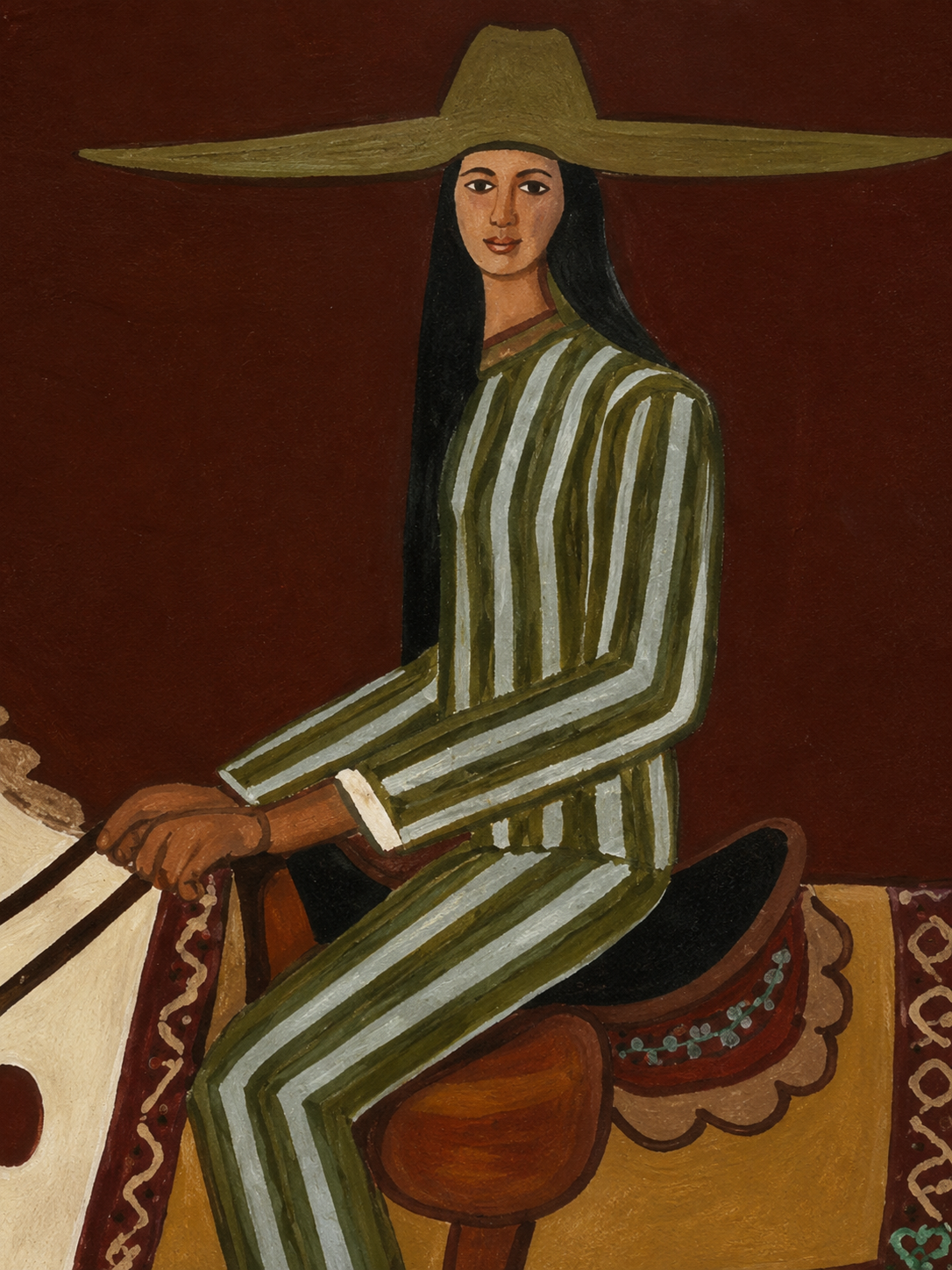 Whimsical Folk Art Painting Of Woman Riding Horse Under Stars For Living Room Decor