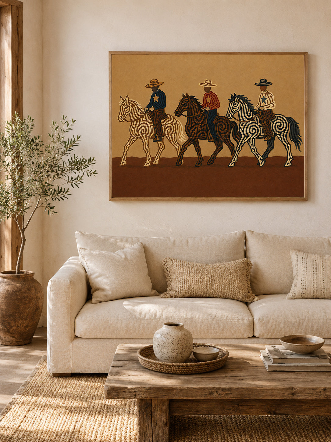 Three Cowboys Horse Painting, Western Ranch Riders, Earth Tone Southwestern Folk Art