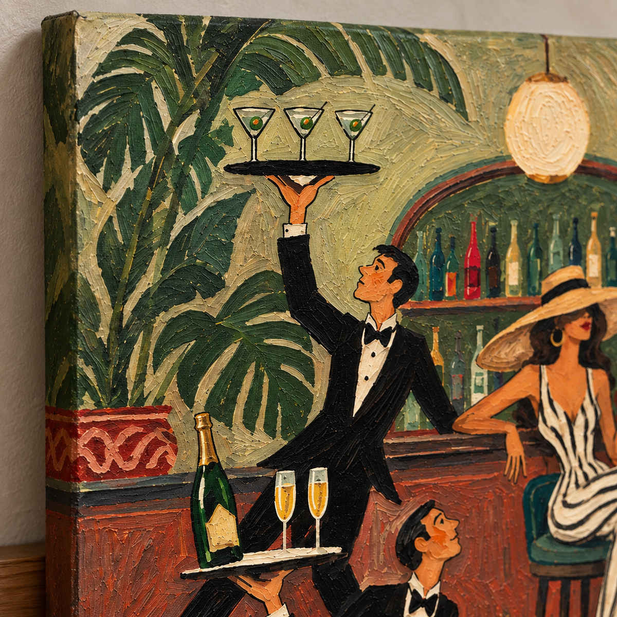 Vintage Cocktail Lounge Art With Lady And Waiters In Green Bar Scene Canvas Painting