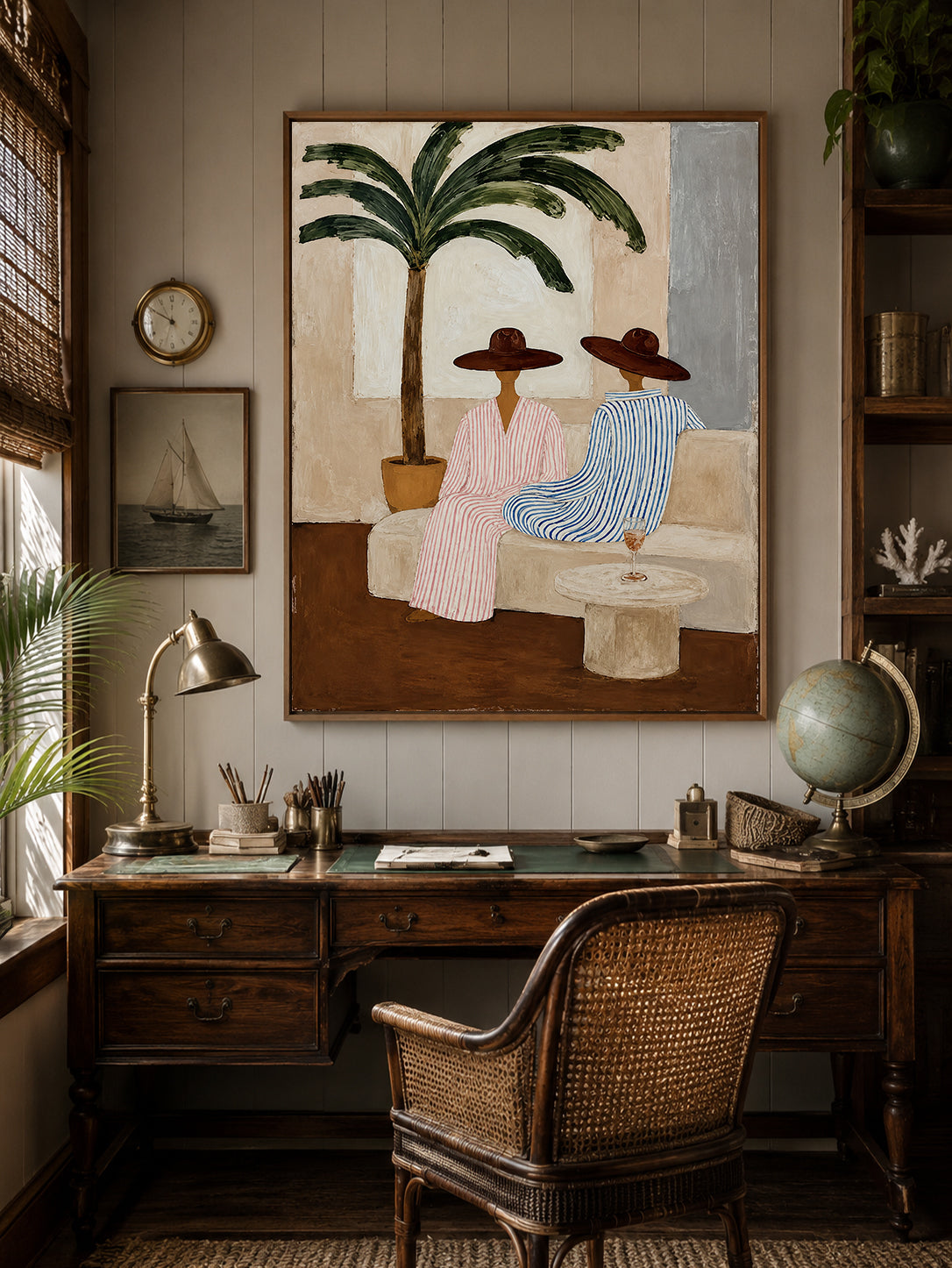 Bohemian Coastal Art With Palm Tree And Striped Figures For Living Room Decor