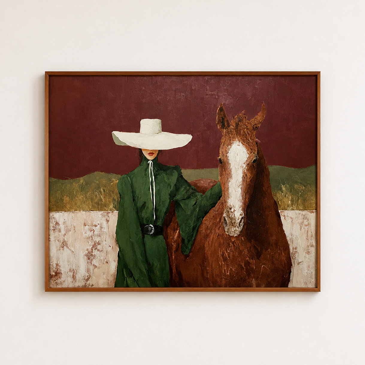 Elegant Woman With Horse Painting In Burgundy And Green For Modern Home Wall Art Decor
