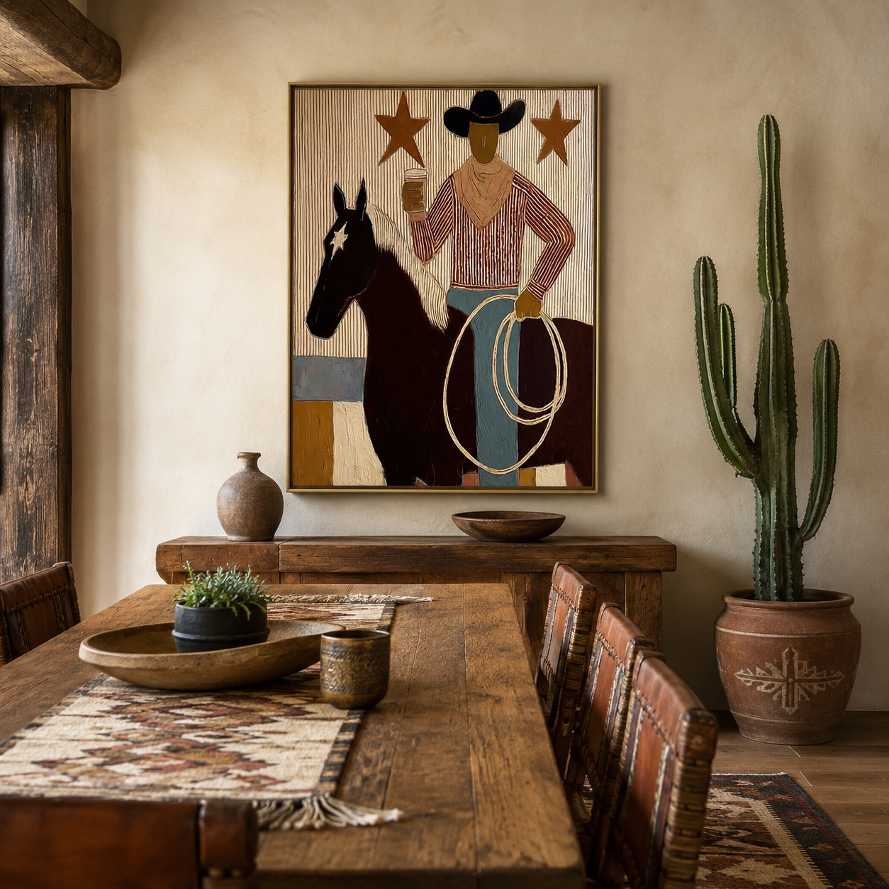 Folk Cowboy Painting With Horse And Lasso For Rustic Wall Decor
