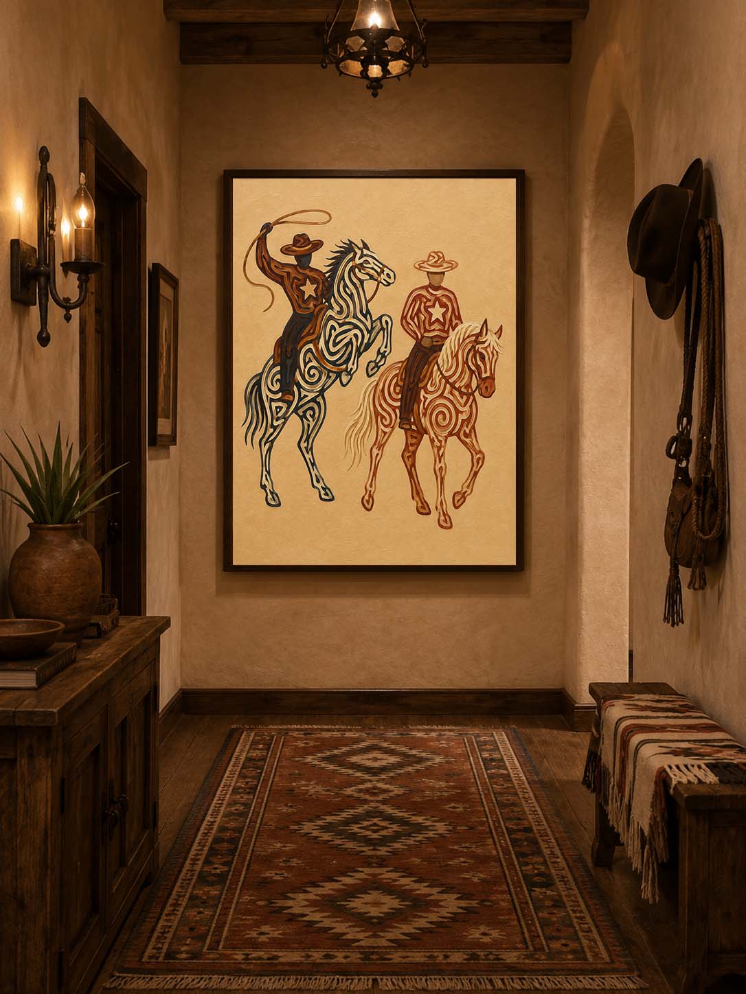 Western Rodeo Cowboys Painting, Horse And Lasso Wall Art, Southwestern Ranch Decor