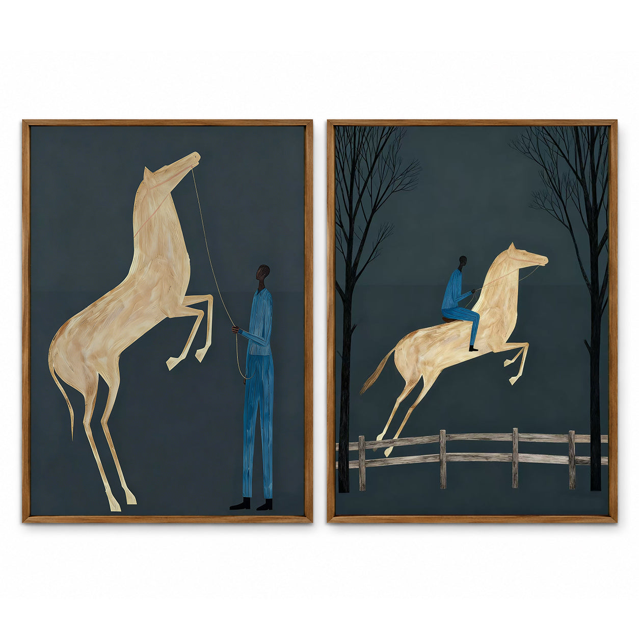 Minimalist Horse Painting Set Deep Blue Background Modern Wall Art For Living Room