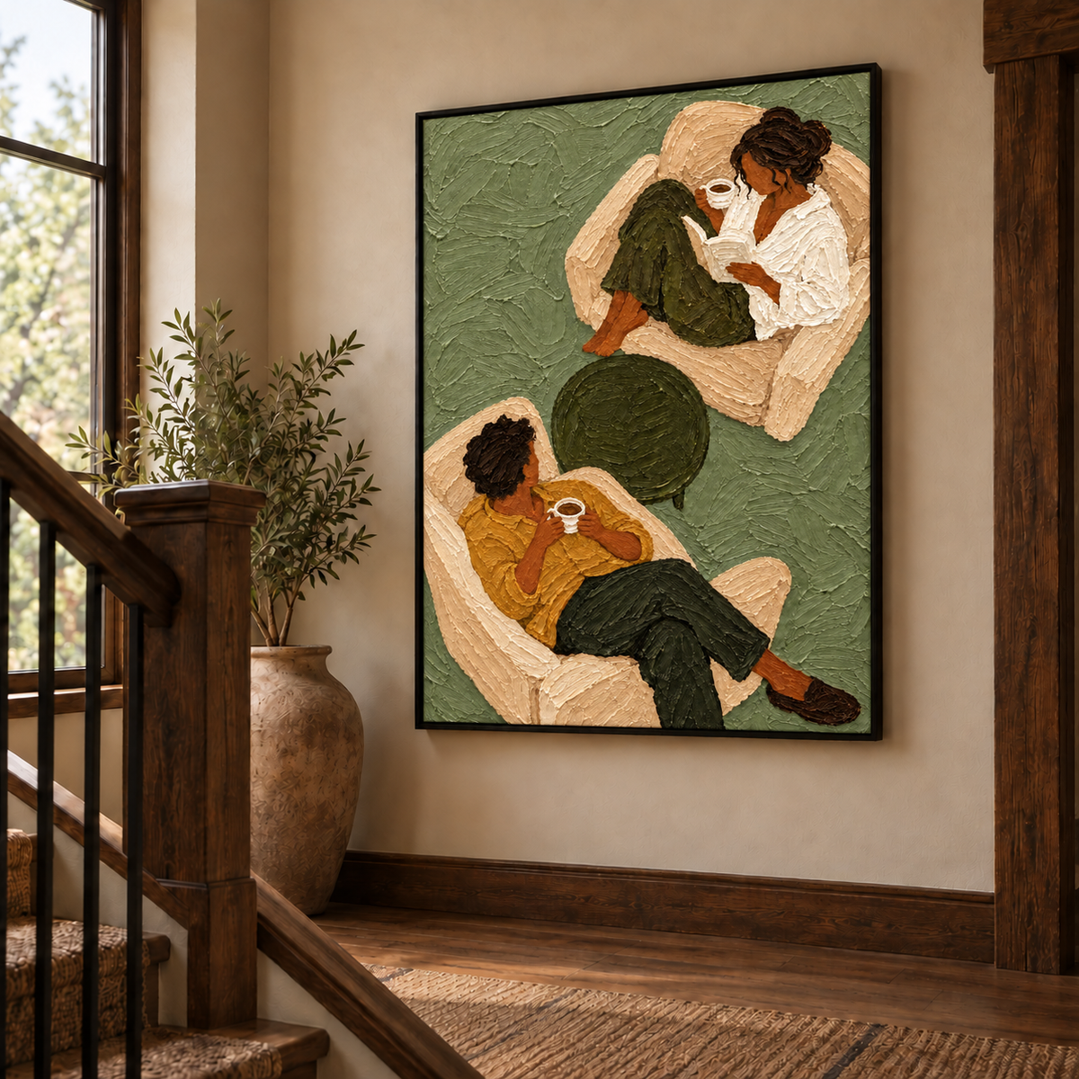Sage Green Coffee Couple Painting, Original Textured Oil Art, Retro Figurative Canvas