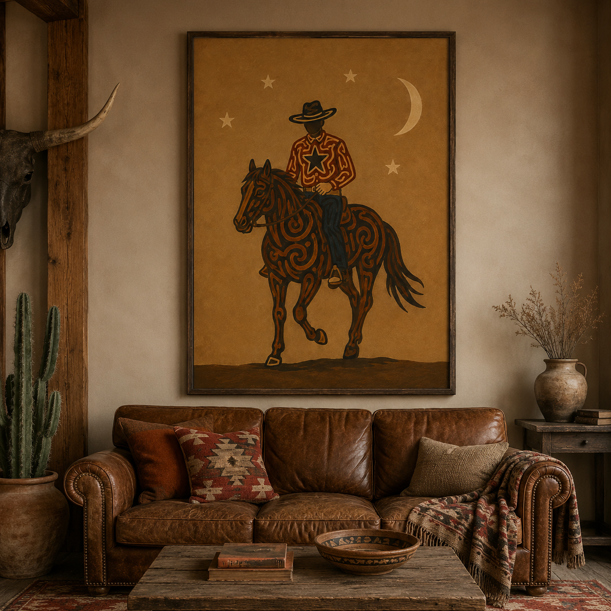 Moonlit Cowboy Horse Painting, Western Folk Wall Art, Southwestern Ranch Night Decor