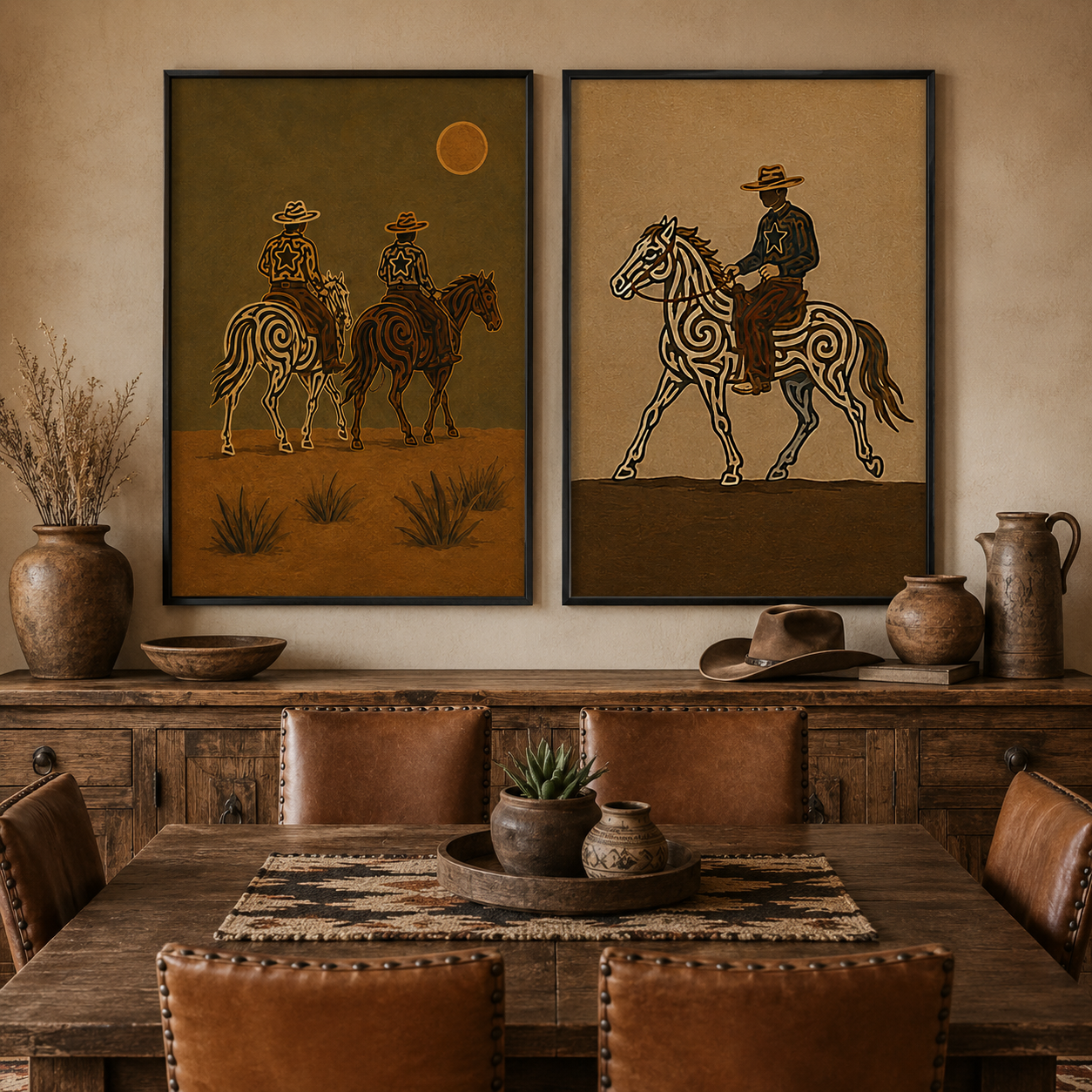 Vintage Sunset Desert Western Wall Art Set Of 2, Cowboy Riding Canvas Painting, Earth Tone Rustic Home Decor