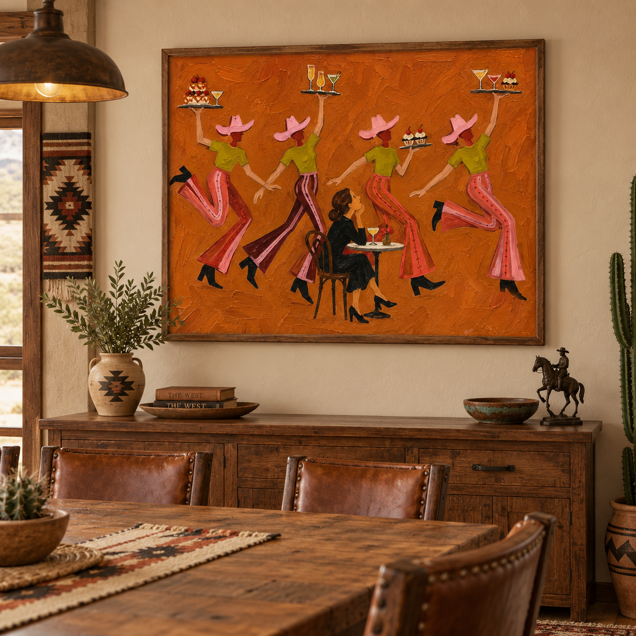 Narrative Western Cafe Canvas Art, Whimsical Cowgirl Dancing Canvas Painting, Retro Diner Wall Decor,