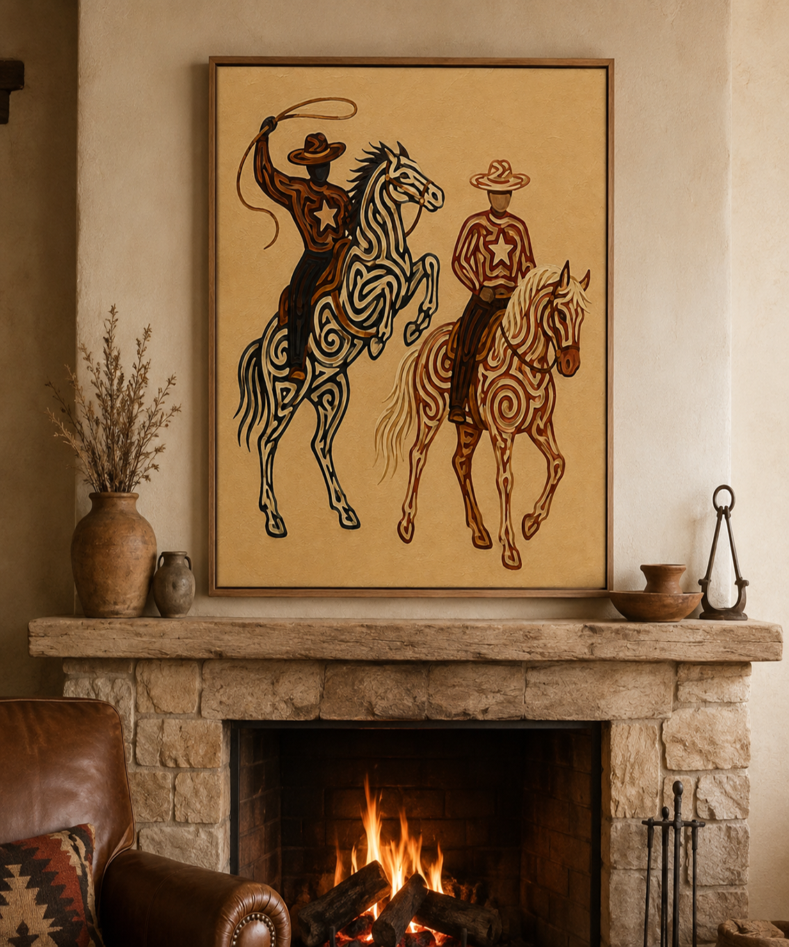 Western Rodeo Cowboys Painting, Horse And Lasso Wall Art, Southwestern Ranch Decor