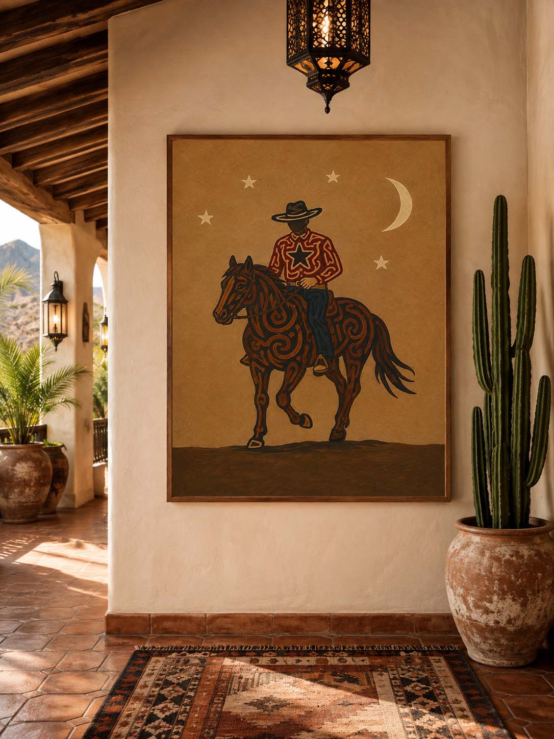Moonlit Cowboy Horse Painting, Western Folk Wall Art, Southwestern Ranch Night Decor