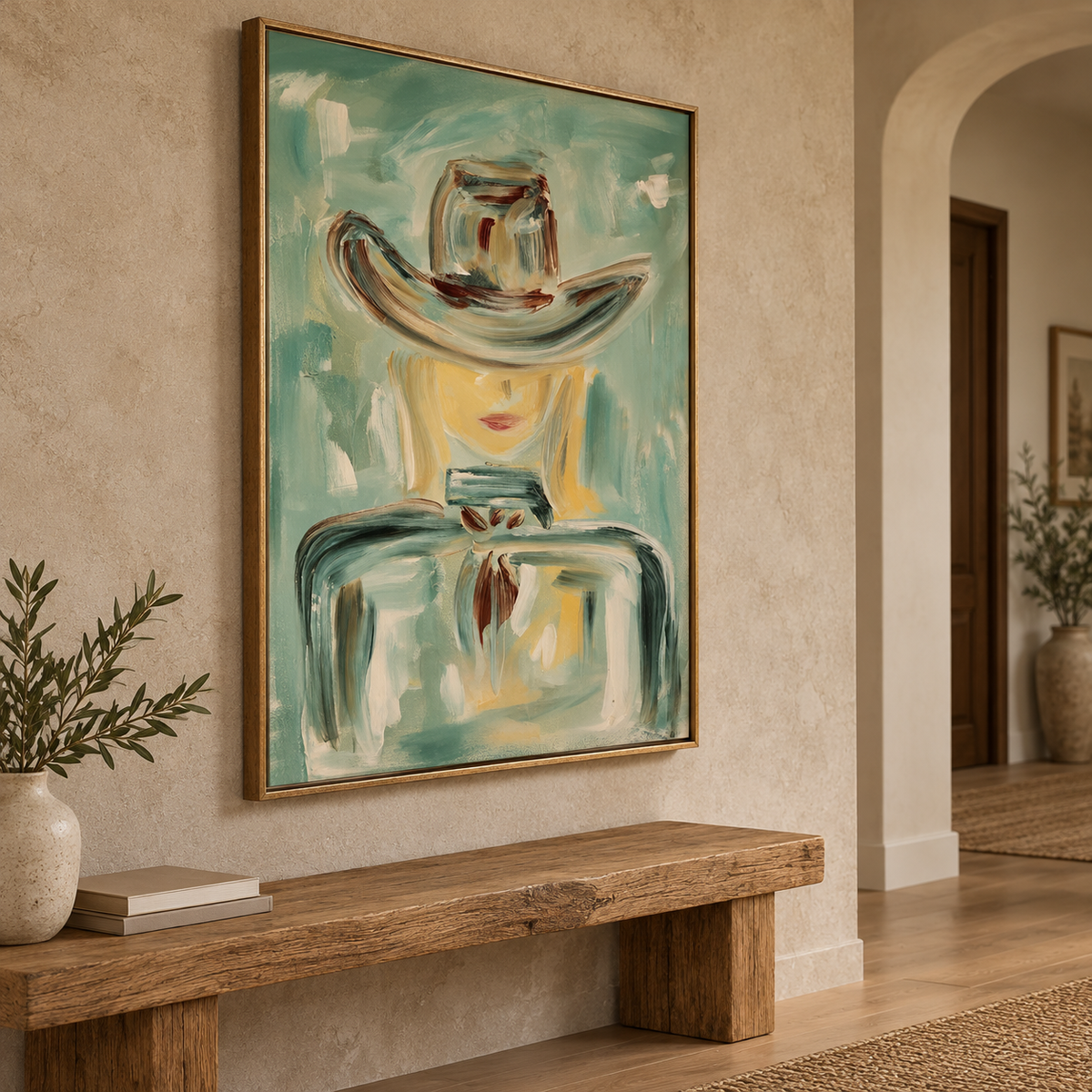 Abstract Cowboy Figure Painting In Sage Green For Modern Wall Decor