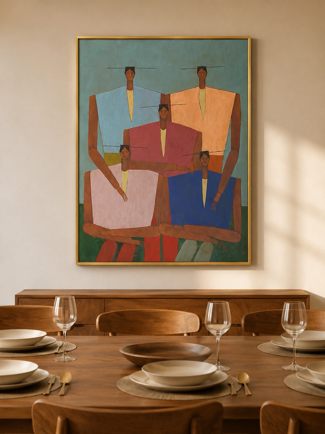 Mid-Century Modern Abstract Family Group Oil Painting - Colorful Figurative Wall Art