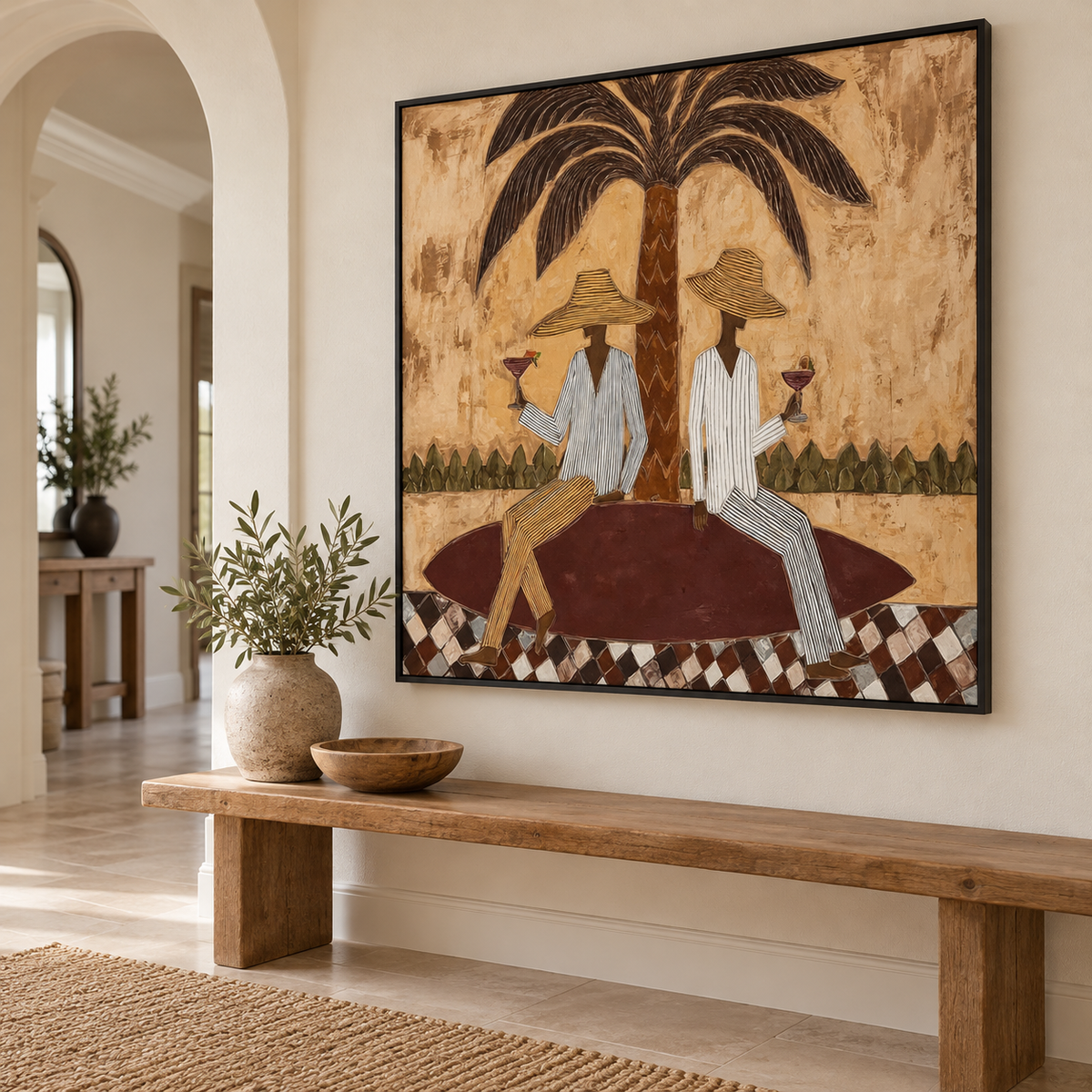 Retro Tropical Figurative Painting With Checkerboard Base Original Canvas