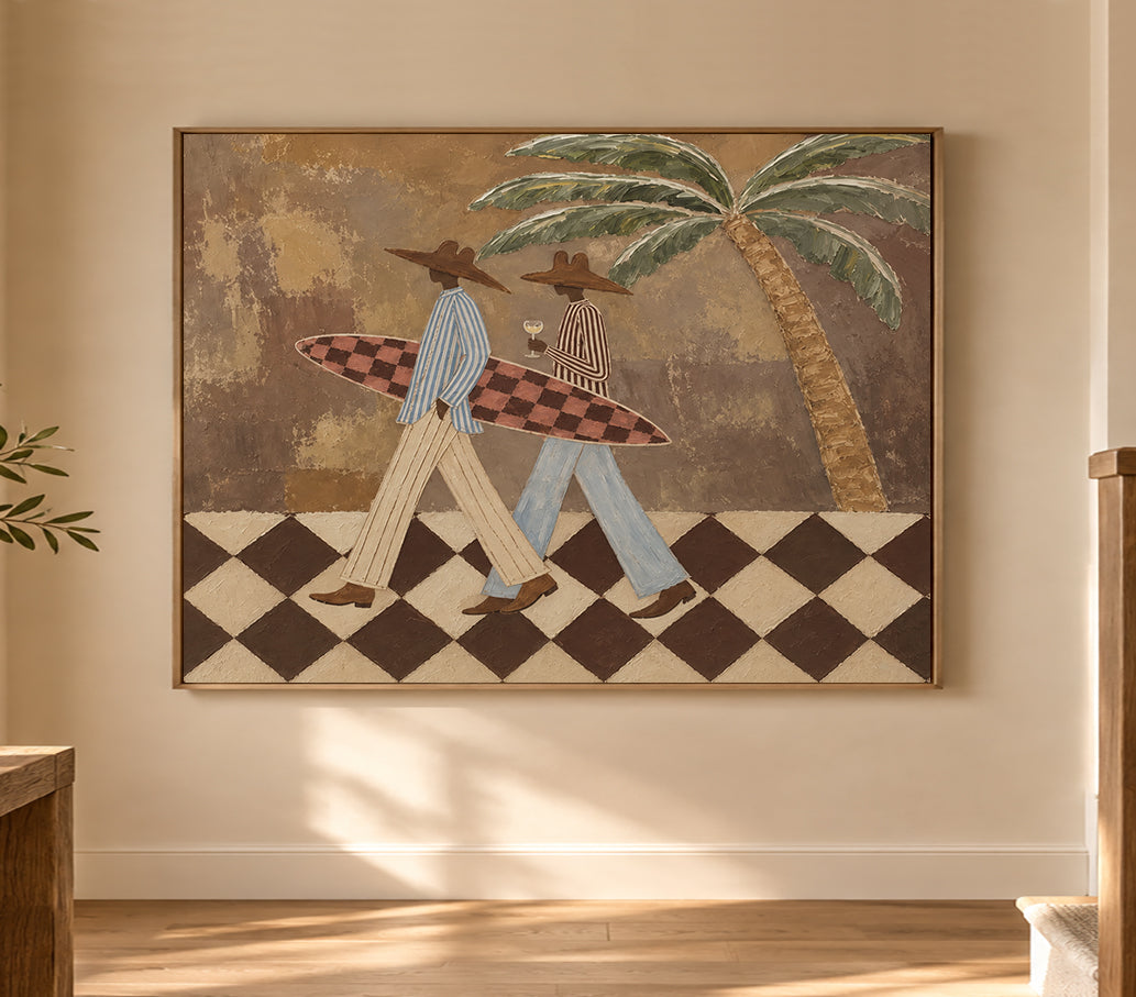 Vintage Cowboy Surf Art Hand-Painted Canvas With Palm Tree And Checkered Board