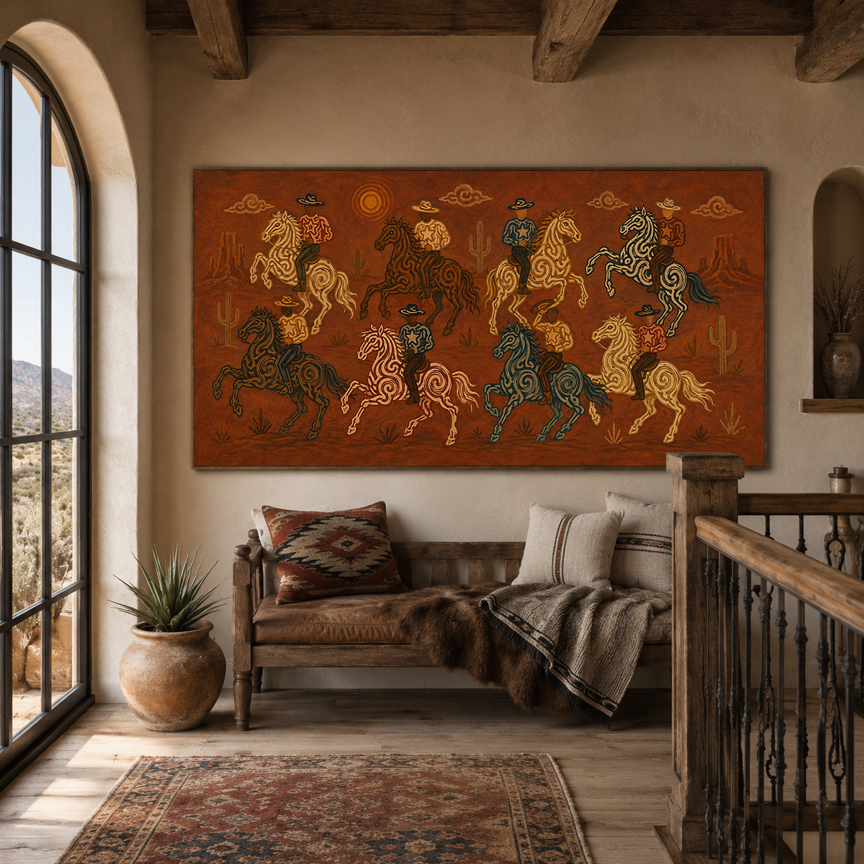 Wild West Cowboy Riders Painting, Panoramic Desert Horse Art, Rustic Southwestern Ranch Decor