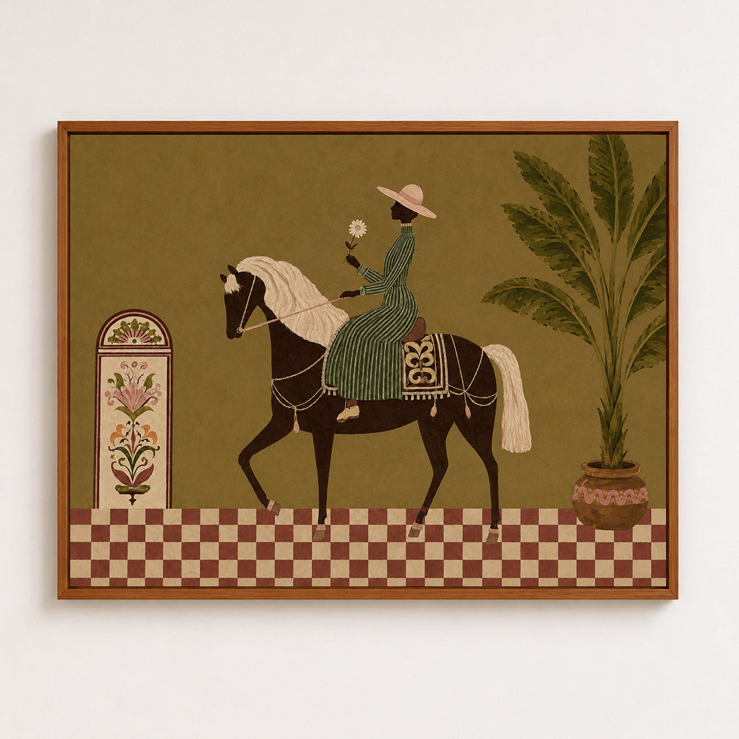 Tropical Equestrian Woman Painting, Vintage Resort Horse Art, Botanical Wall Decor