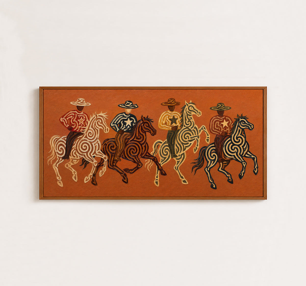 Panoramic Four Cowboy Riders Painting, Terracotta Western Horse Art, Southwestern Ranch Decor