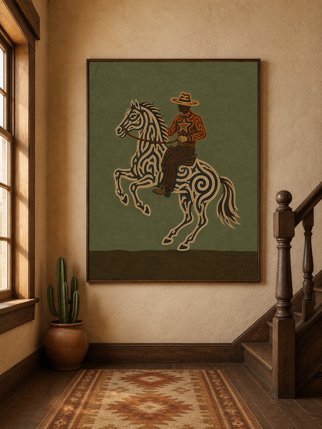 Unique Cowboy And Horse Artwork Gift For Equestrian Fans With Retro Vintage Style