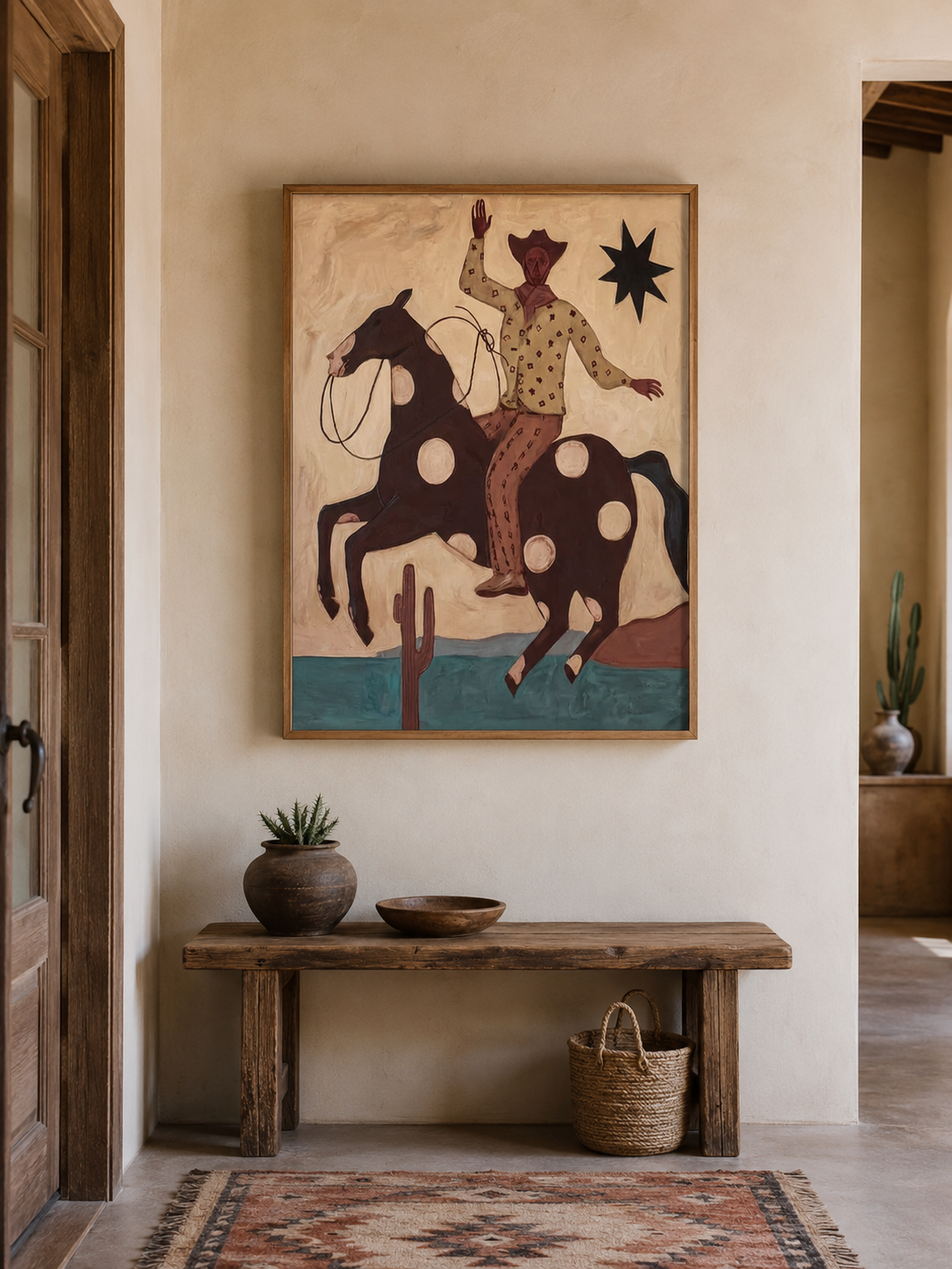 Figurative Cowboy Painting With Spotted Horse And Desert Landscape In Retro Vintage Style