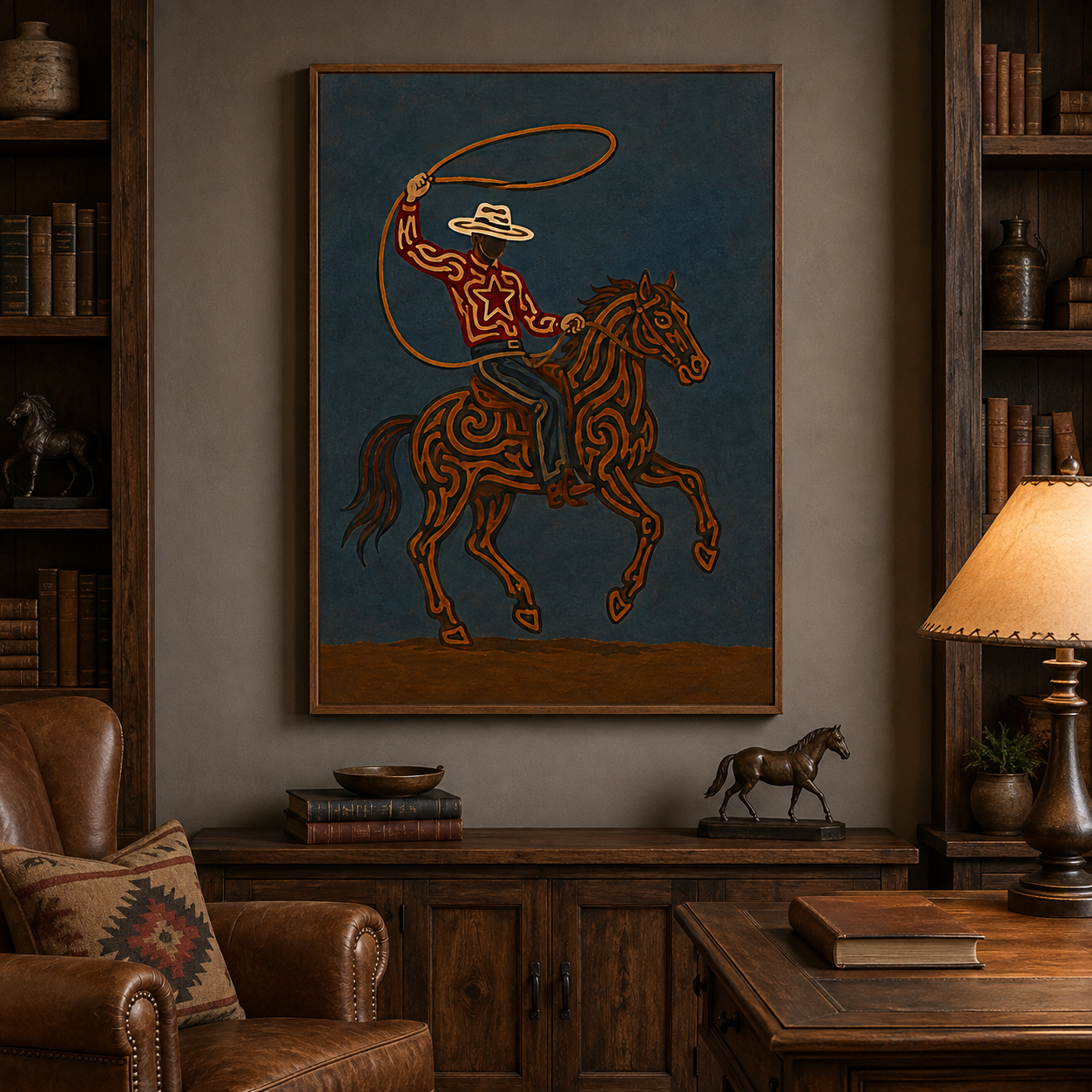 Rodeo Cowboy Lasso Painting, Texas Western Wall Art, Rustic Ranch Decor, Modern Cowboy Horse Art