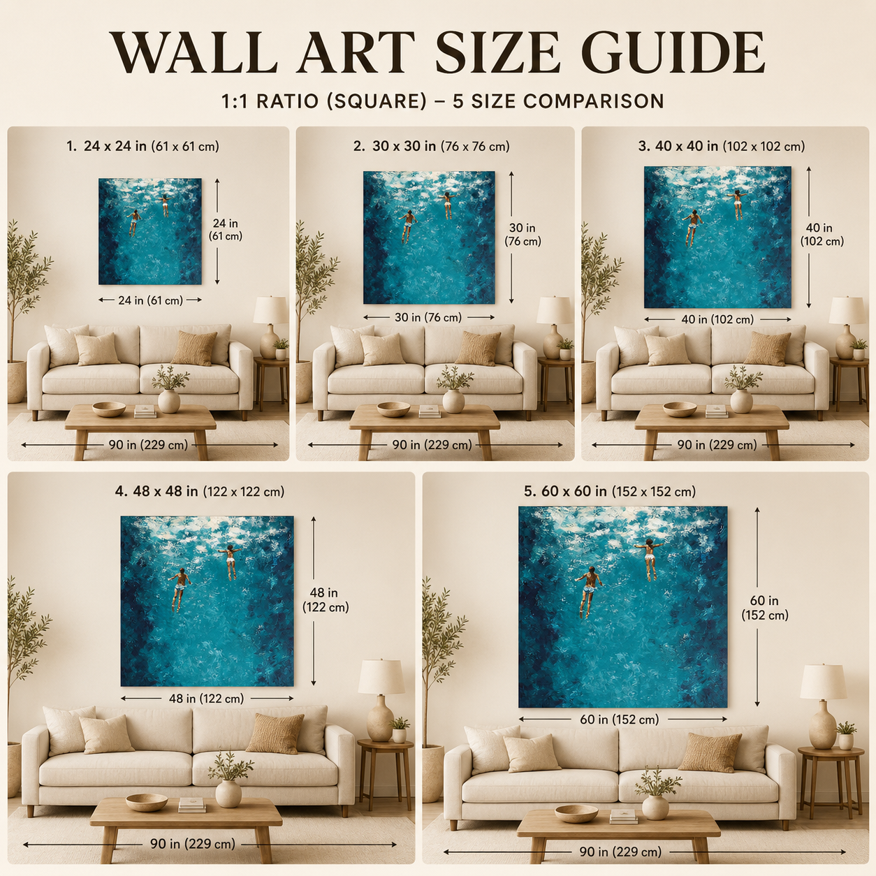 Hand Painted Ocean Oil Painting With Swimmers In Blue Water For Coastal Home Decor