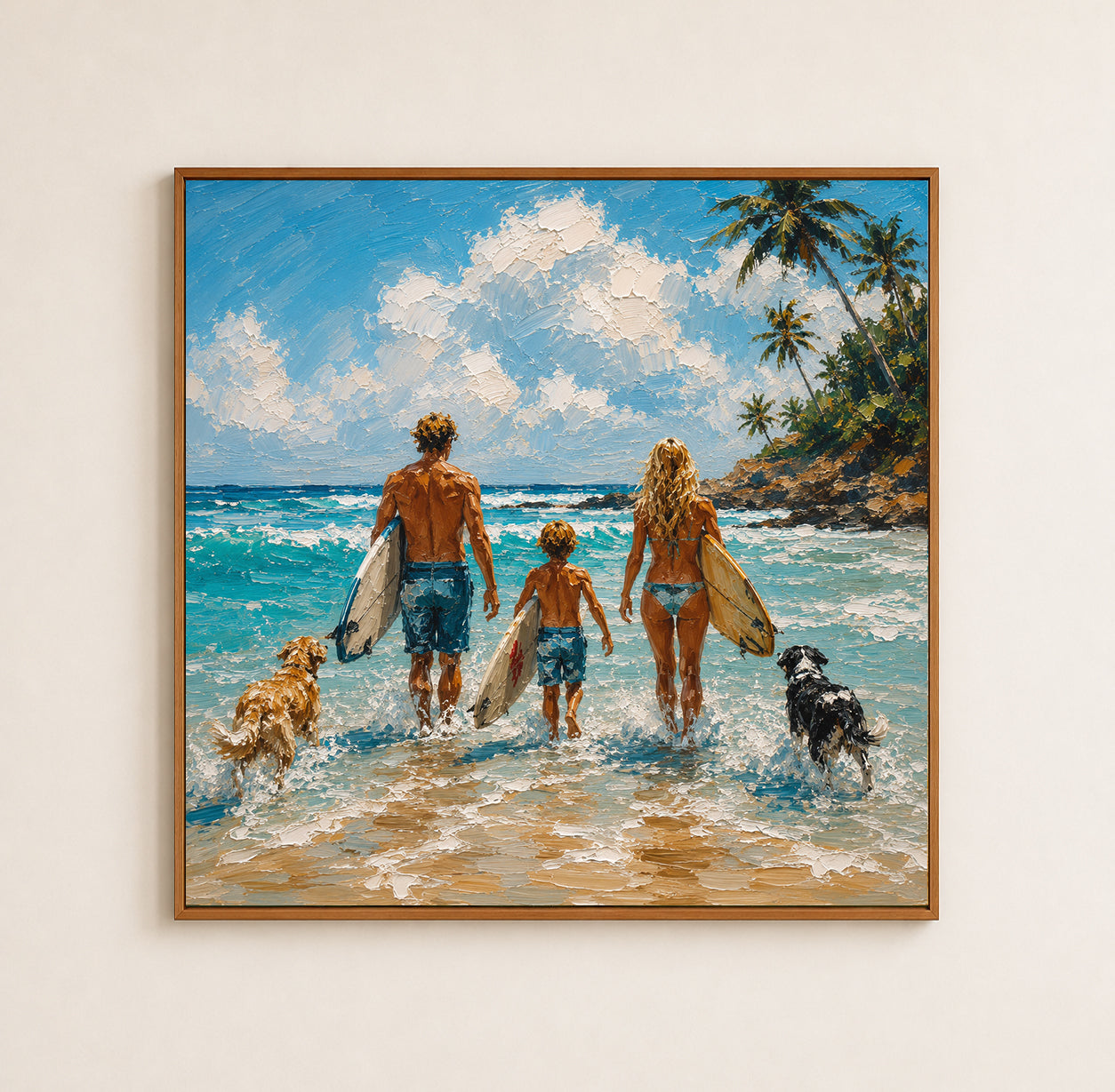 Summer Seaside Landscape Art Family Beach Surfing Painting With Dogs For Coastal Home Decor