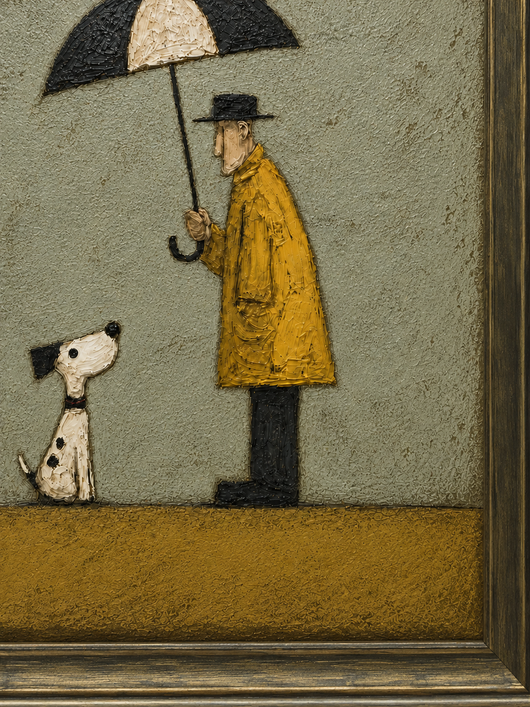 Vintage Couple With Dog Painting Under Umbrella Retro Wall Art For Pet Lovers