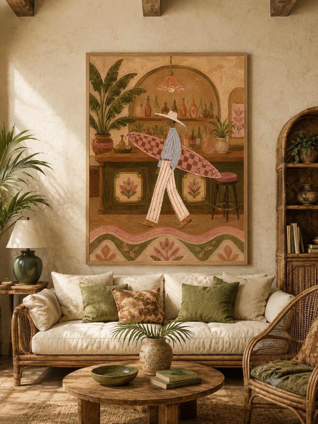 Retro Surfer Woman Painting, Coastal Bar Art, Vintage Resort Wall Decor Surfboard Wall Art