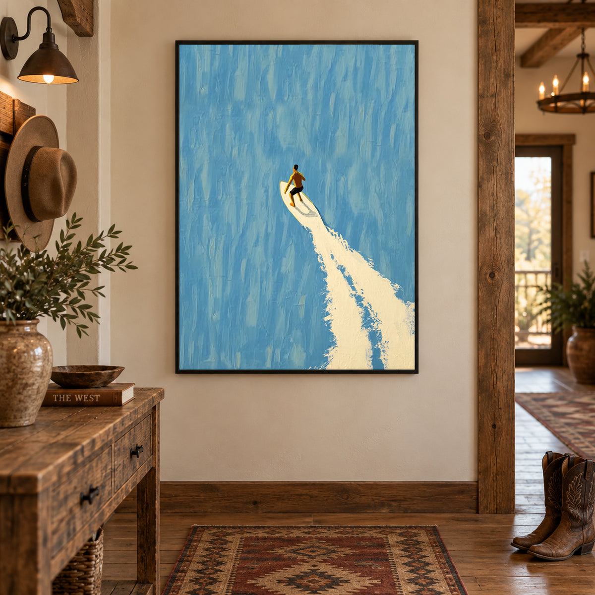 Surfer On Blue Wave Hand-Painted Canvas Art For Modern Beach Decor