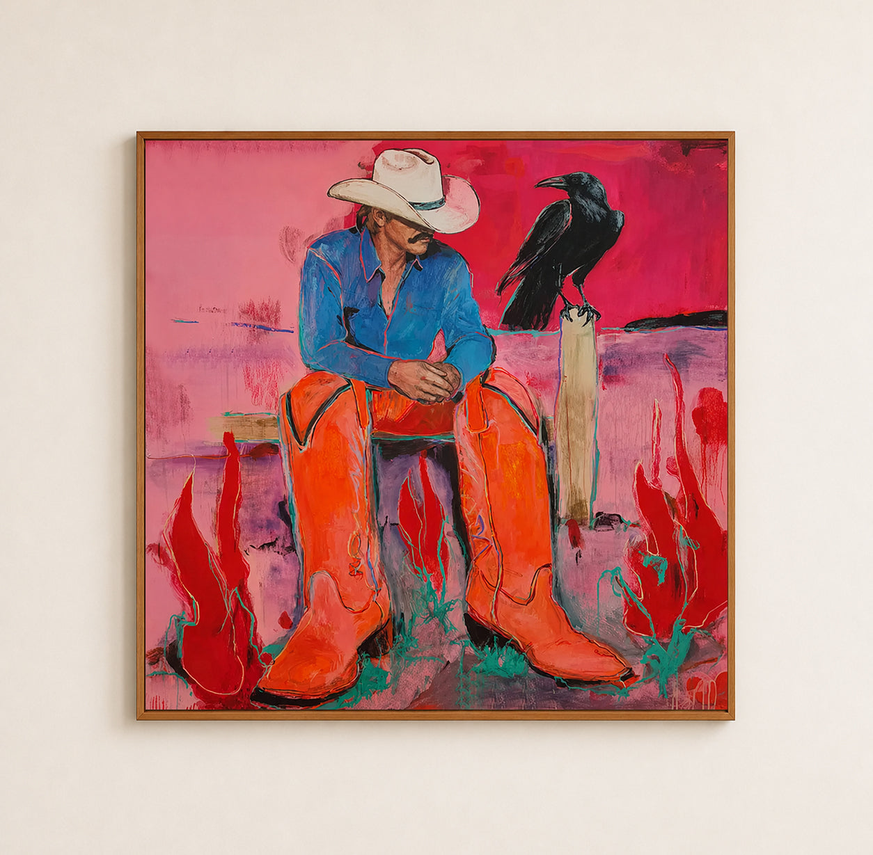 Modern Cowboy Painting With Raven For Living Room Wall Decor Original Art