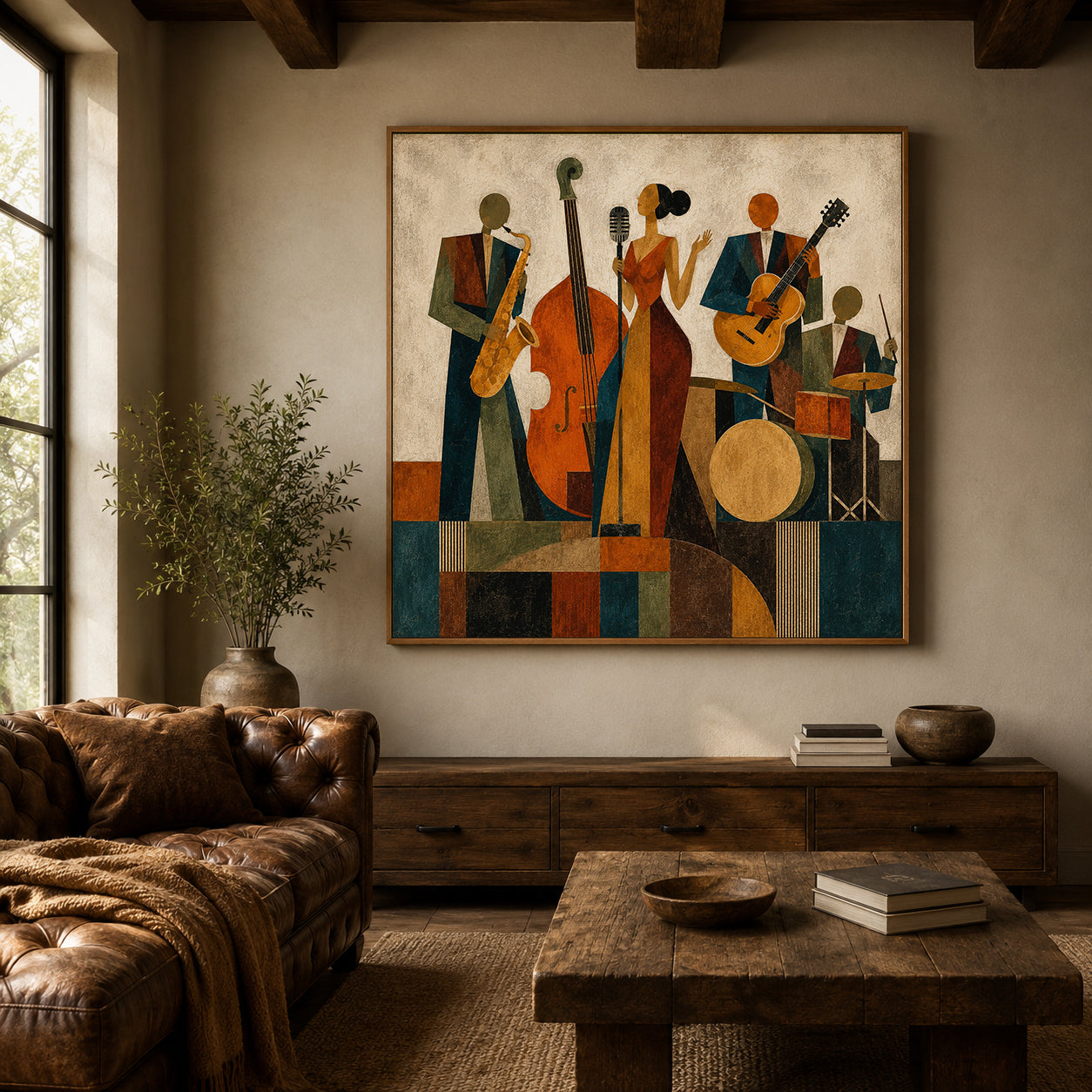 Vintage Jazz Band Painting Square Canvas Art For Living Room Music Lovers