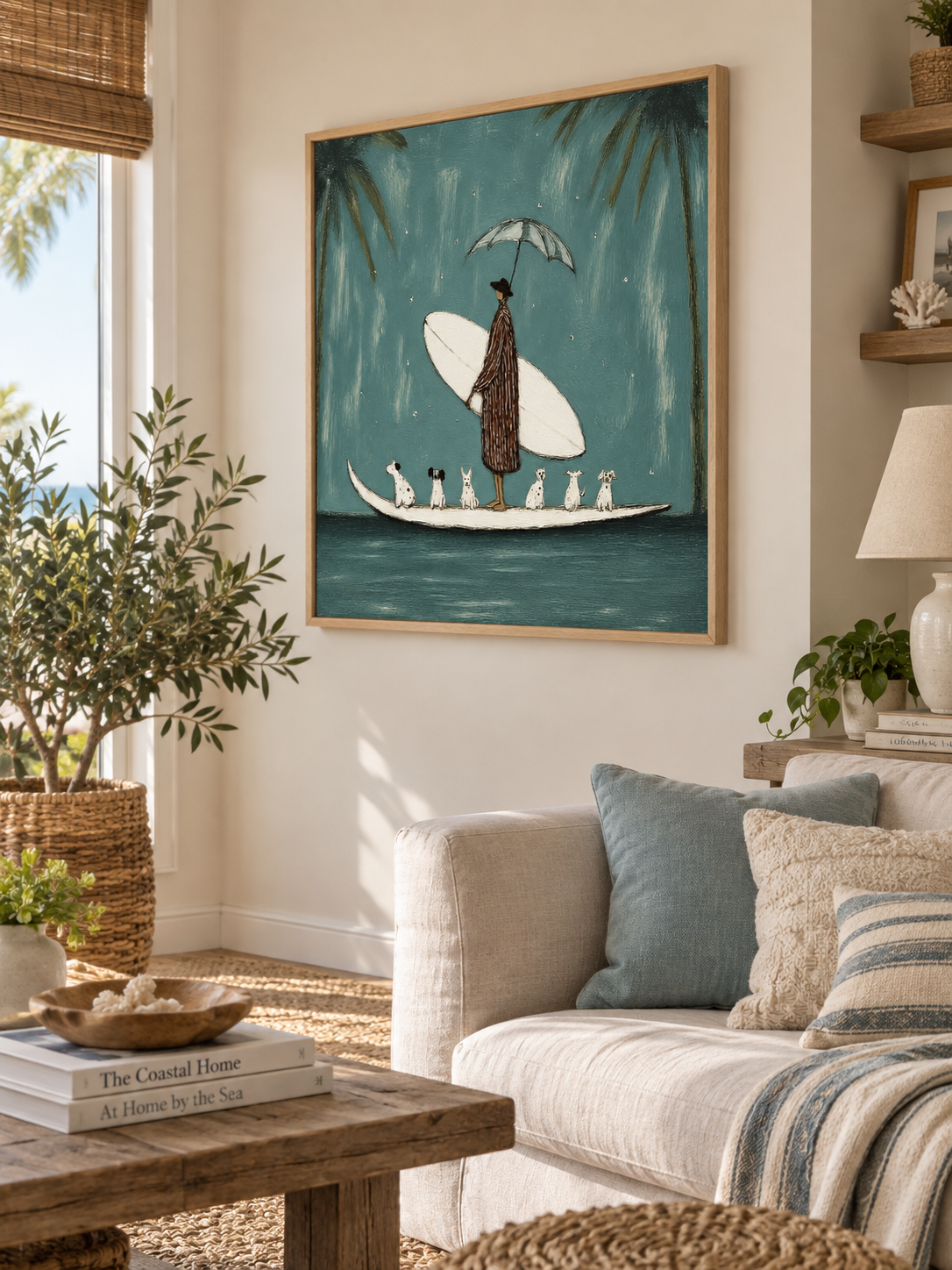 Coastal Dog Lover Wall Art For Living Room Blue Teal Surf Painting