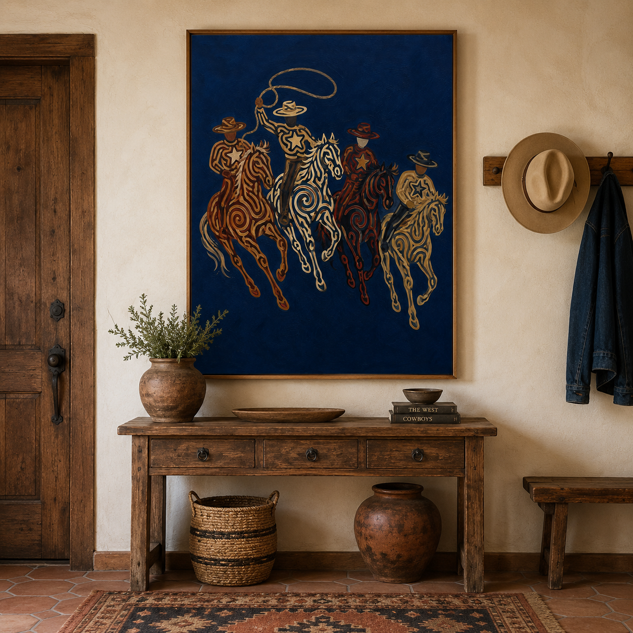 Navy Western Cowboy Oil Painting, Lasso Horse Wall Art, Southwestern Rodeo Hand Painted Decor