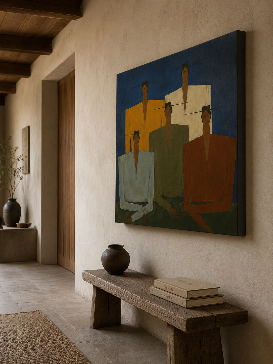 Wabi Sabi Figurative Art Painting With Geometric People In Blue Green Tones For Modern Living Room Decor