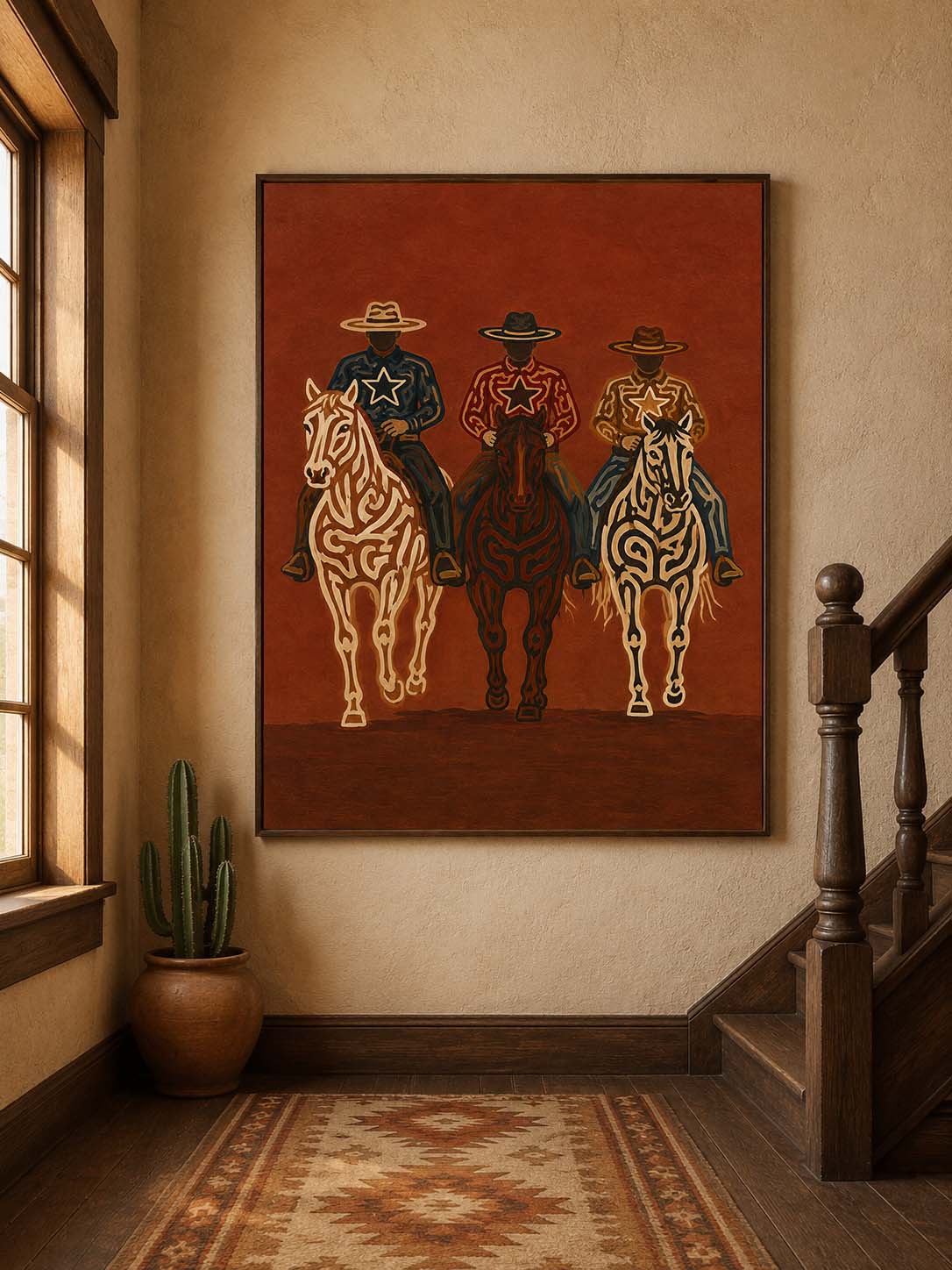 Vintage Three Cowboys Horse Painting, Western Ranch Riders, Rustic Southwestern Wall Art
