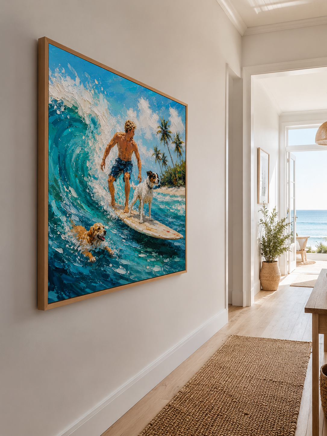 Surfer And Dogs Painting For Boys Room Beach Themed Wall Art Decor