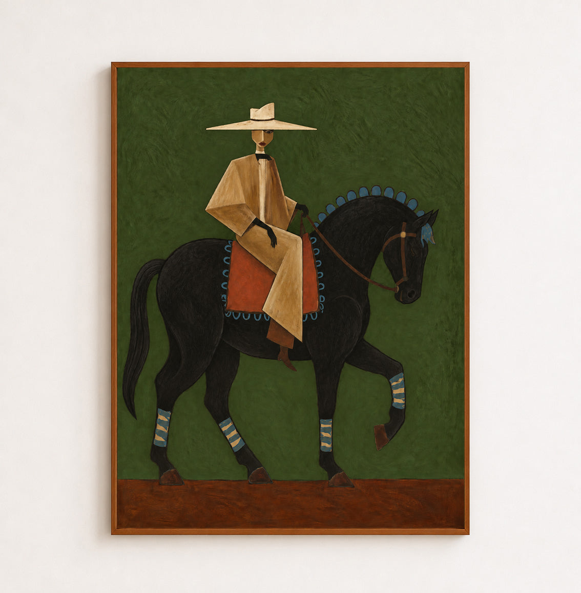 Green Background Fine Art Vintage Cowboy And Horse Canvas Painting Gentleman On Black Horse Canvas Art