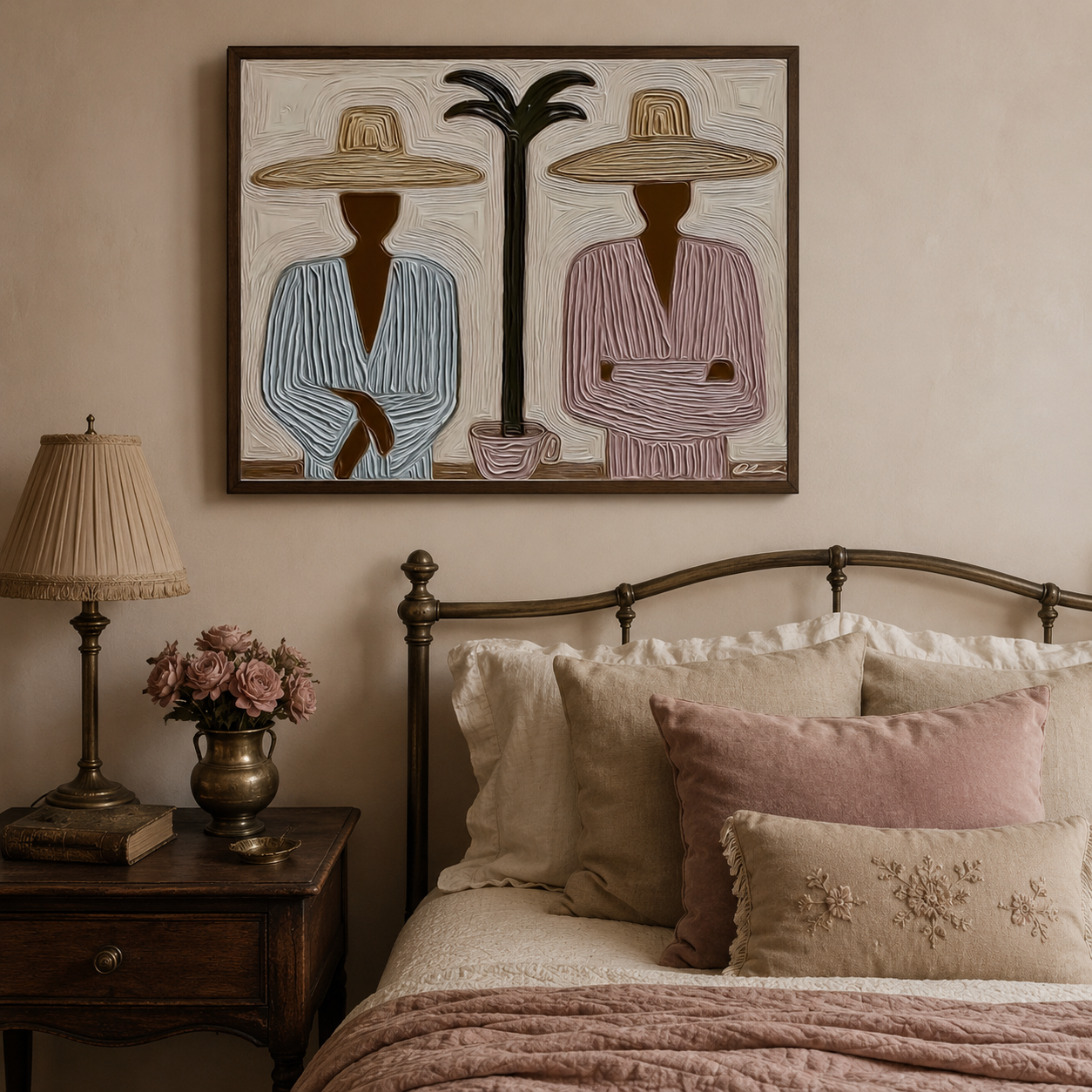 Wabi Sabi Tropical Art With Palm Tree And Minimalist Figures For Modern Home Decor